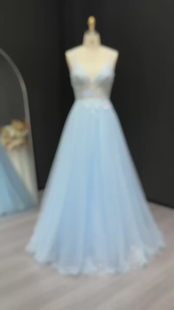 Load video: Sexy Spaghetti Strap Light Blue Tulle Prom Dress for Girls Long Evening Birthday Party Gowns