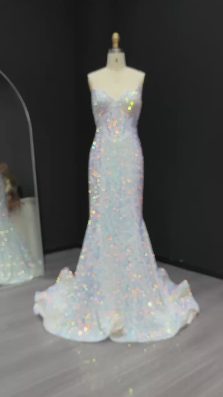 Load video: Sparkle Sequined Colored White Mermaid Prom Dresses for Girls Spaghetti Straps Graduation Party