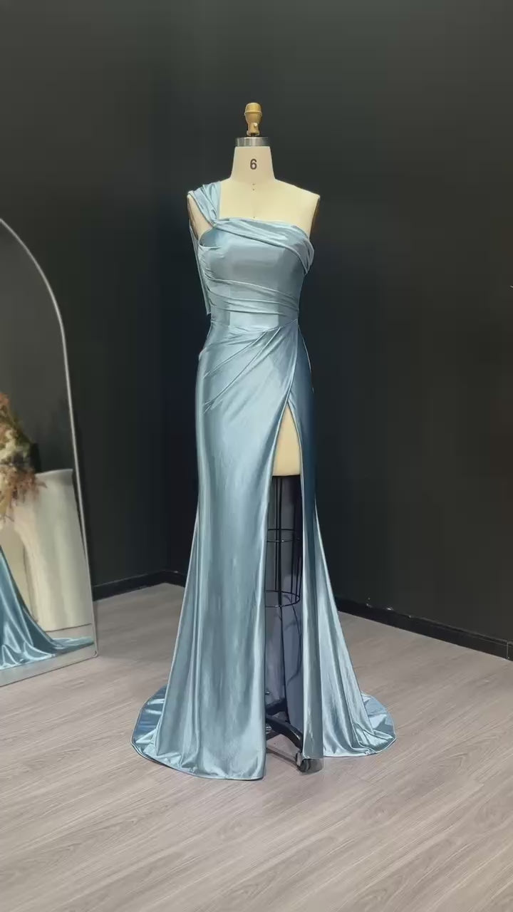 Load video: Stunning One-Shoulder Satin Blue Mermaid Prom Dresses with Side Slit