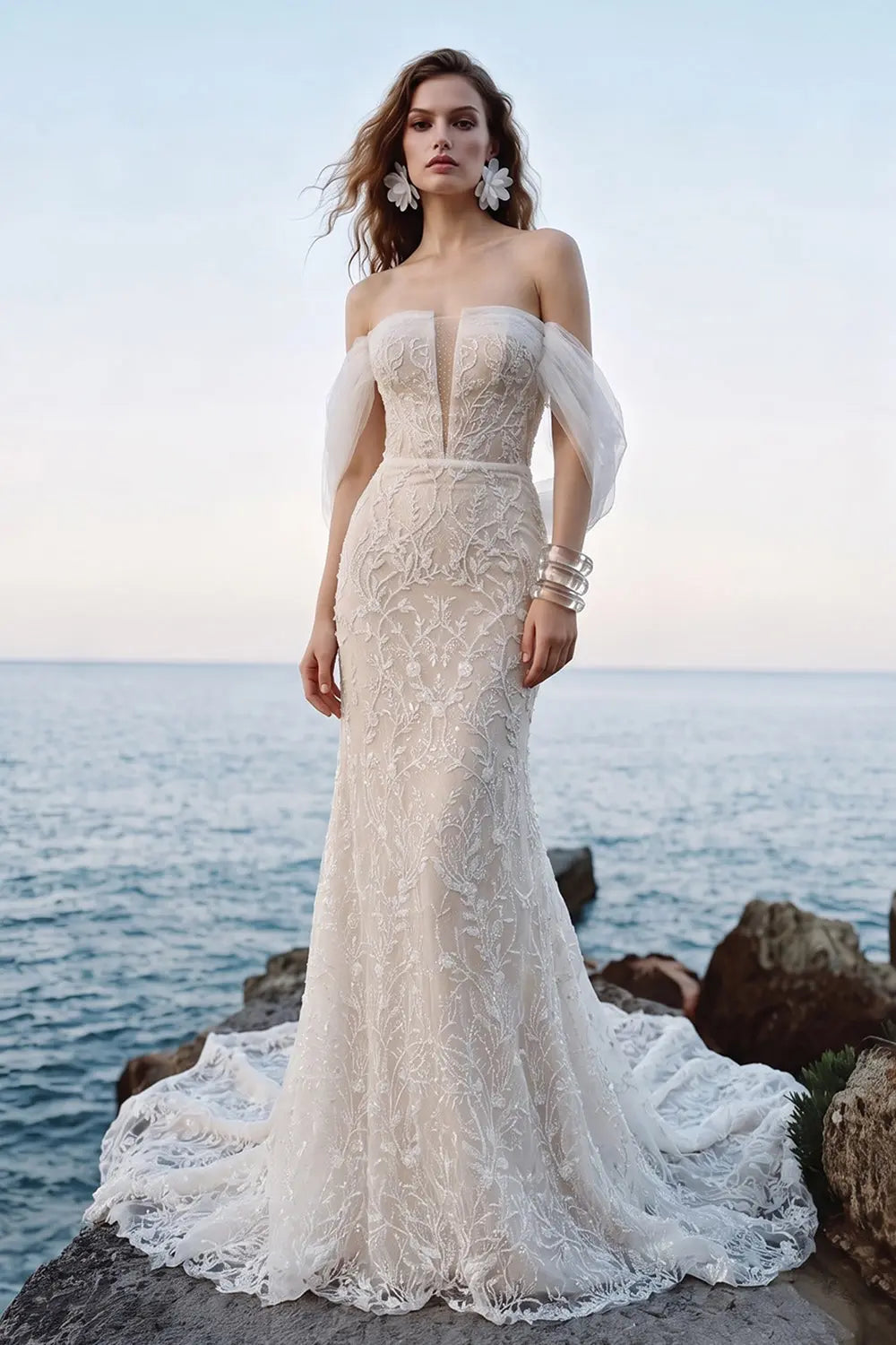 White Nude Lace Mermaid Wedding Dress Luxury Beaded Sequins Tulle Glov – SHEER FAIRY