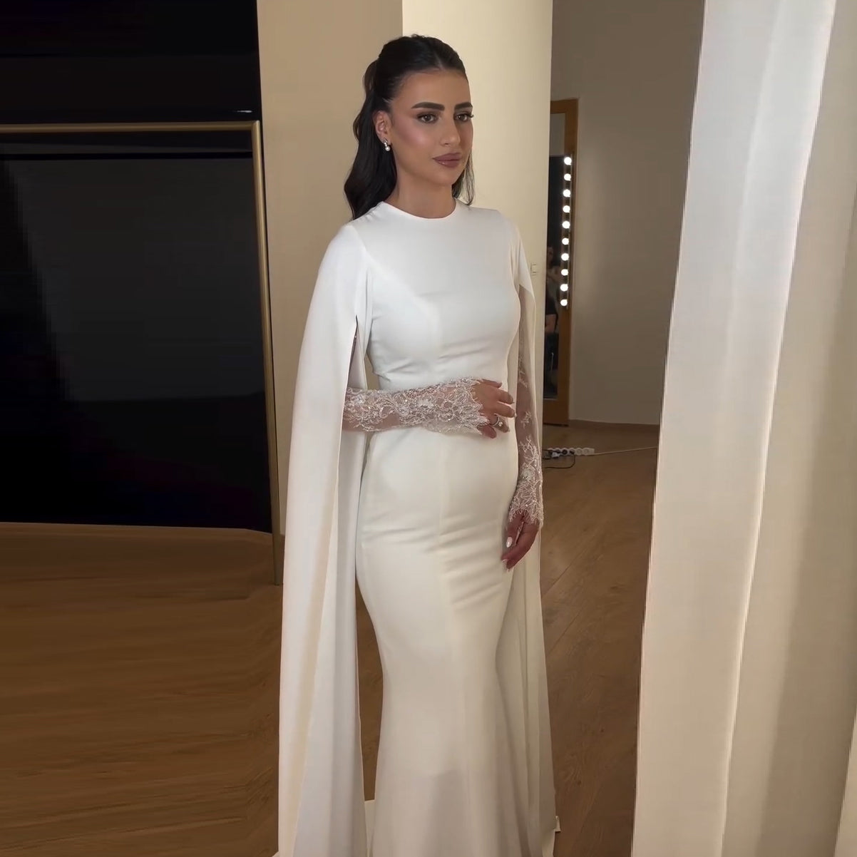 Ivory Minimalist Modest Mermaid Beaded Satin Wedding Dress  Sweep Train SW513 Sheer Fairy