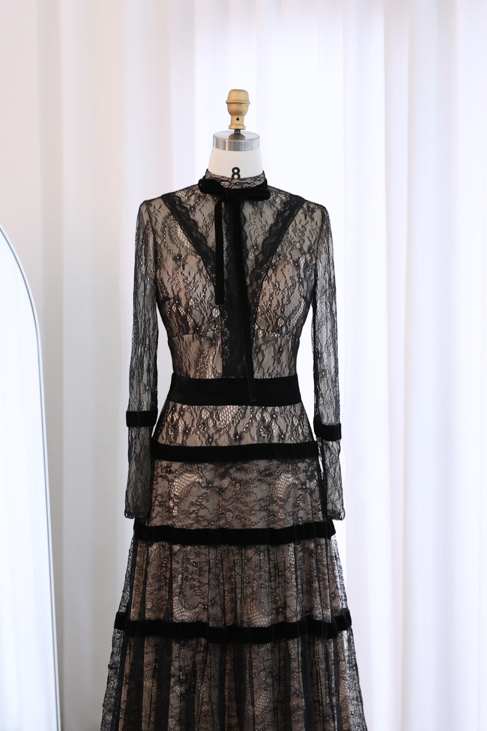 Elegant Black Lace Long Sleeves A-line Evening Dress SF023 Sheer Fairy
