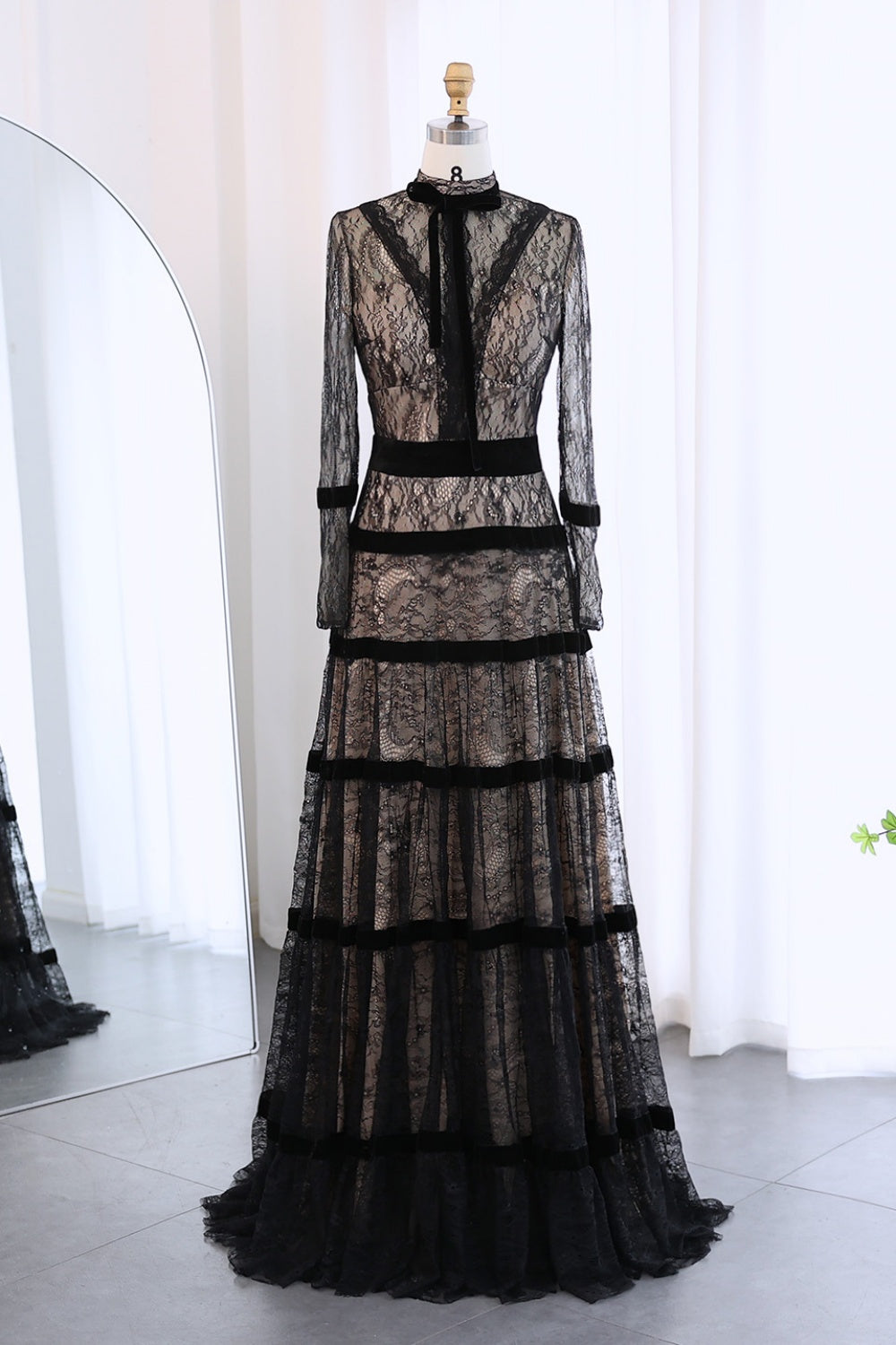 Elegant Black Lace Long Sleeves A-line Evening Dress SF023 Sheer Fairy