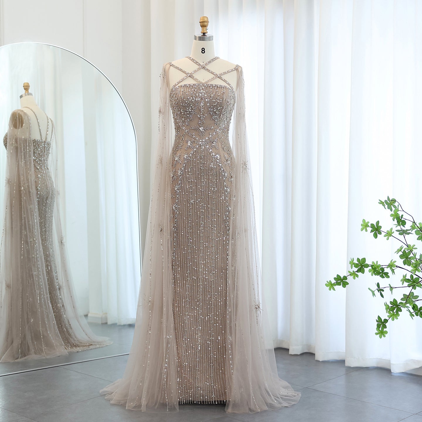 Luxury Lavender Beaded Mermaid Evening Gown with Detachable Cape Sleeves SS391 Sheer Fairy