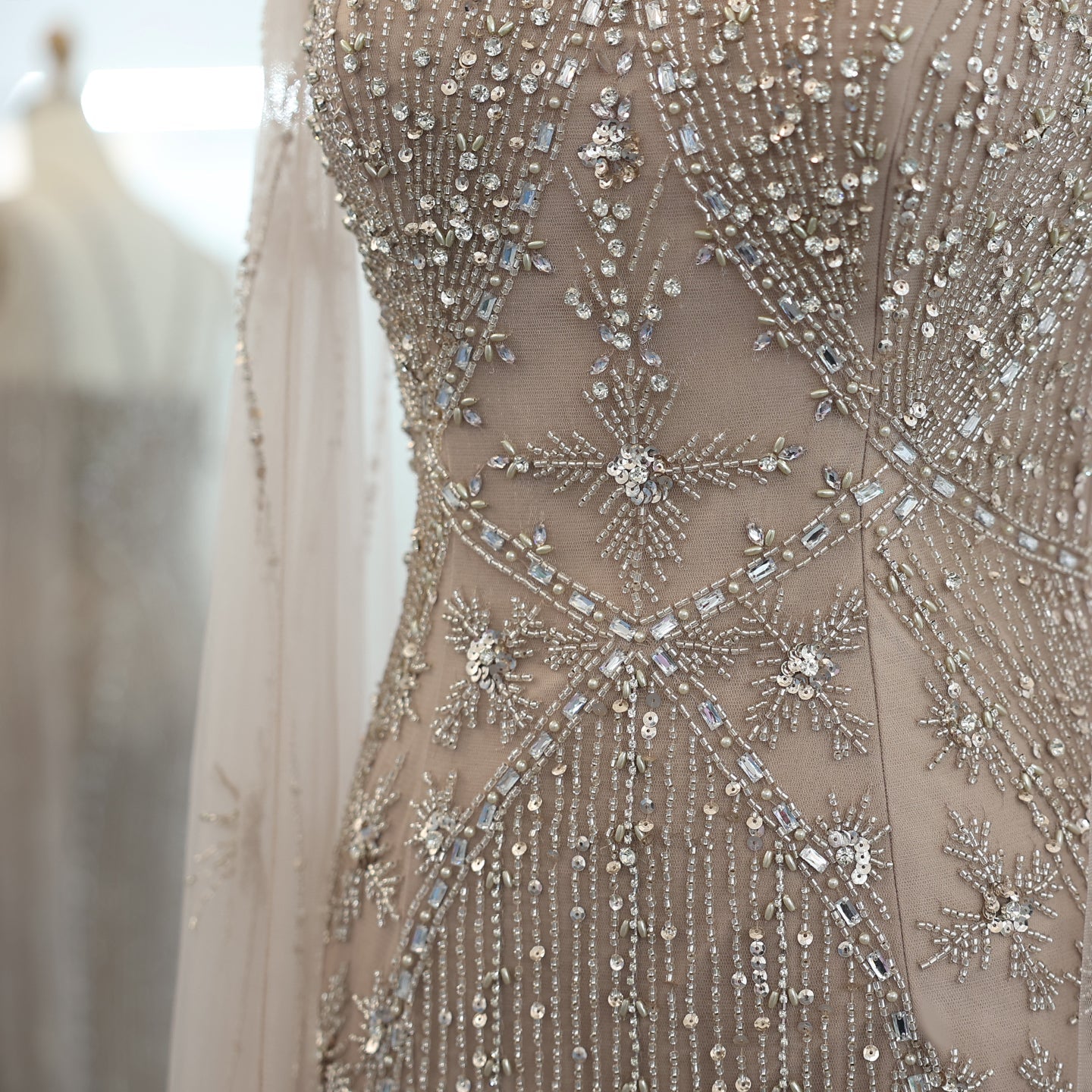 Luxury Lavender Beaded Mermaid Evening Gown with Detachable Cape Sleeves SS391 Sheer Fairy