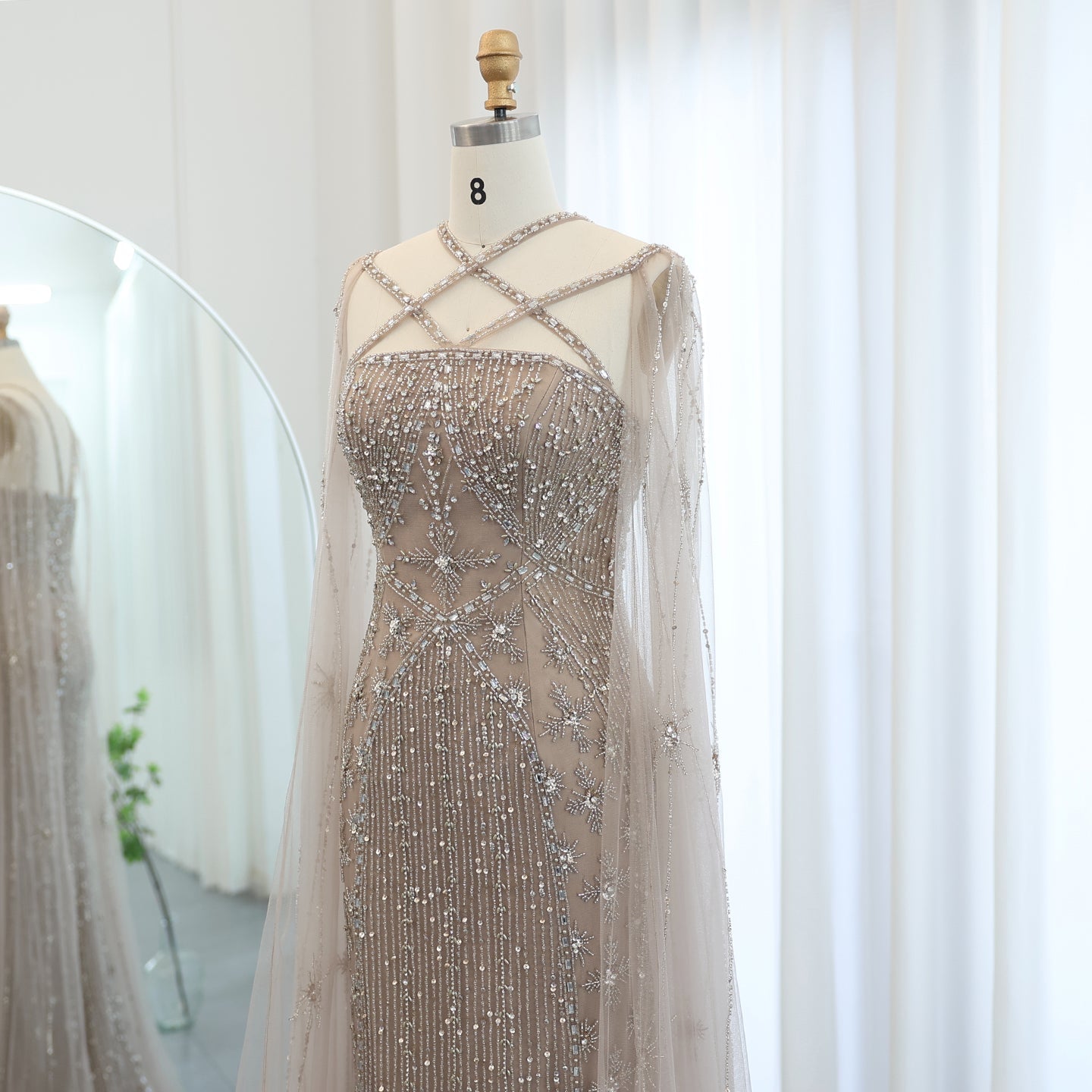 Luxury Lavender Beaded Mermaid Evening Gown with Detachable Cape Sleeves SS391 Sheer Fairy