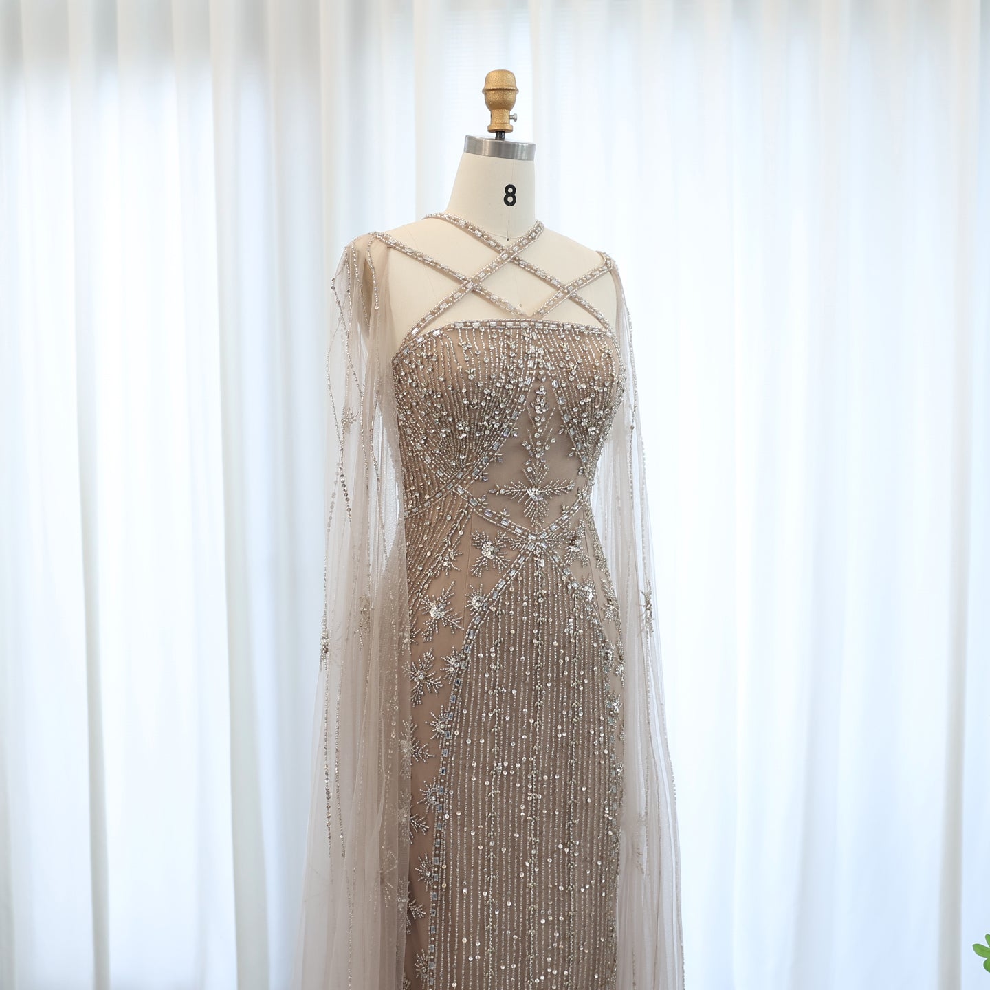 Luxury Lavender Beaded Mermaid Evening Gown with Detachable Cape Sleeves SS391 Sheer Fairy