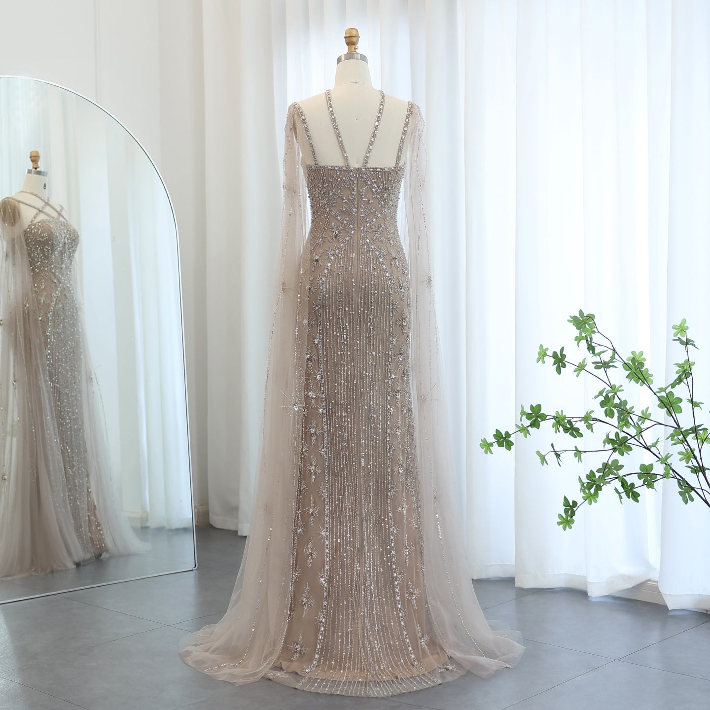 Luxury Lavender Beaded Mermaid Evening Gown with Detachable Cape Sleeves SS391 Sheer Fairy