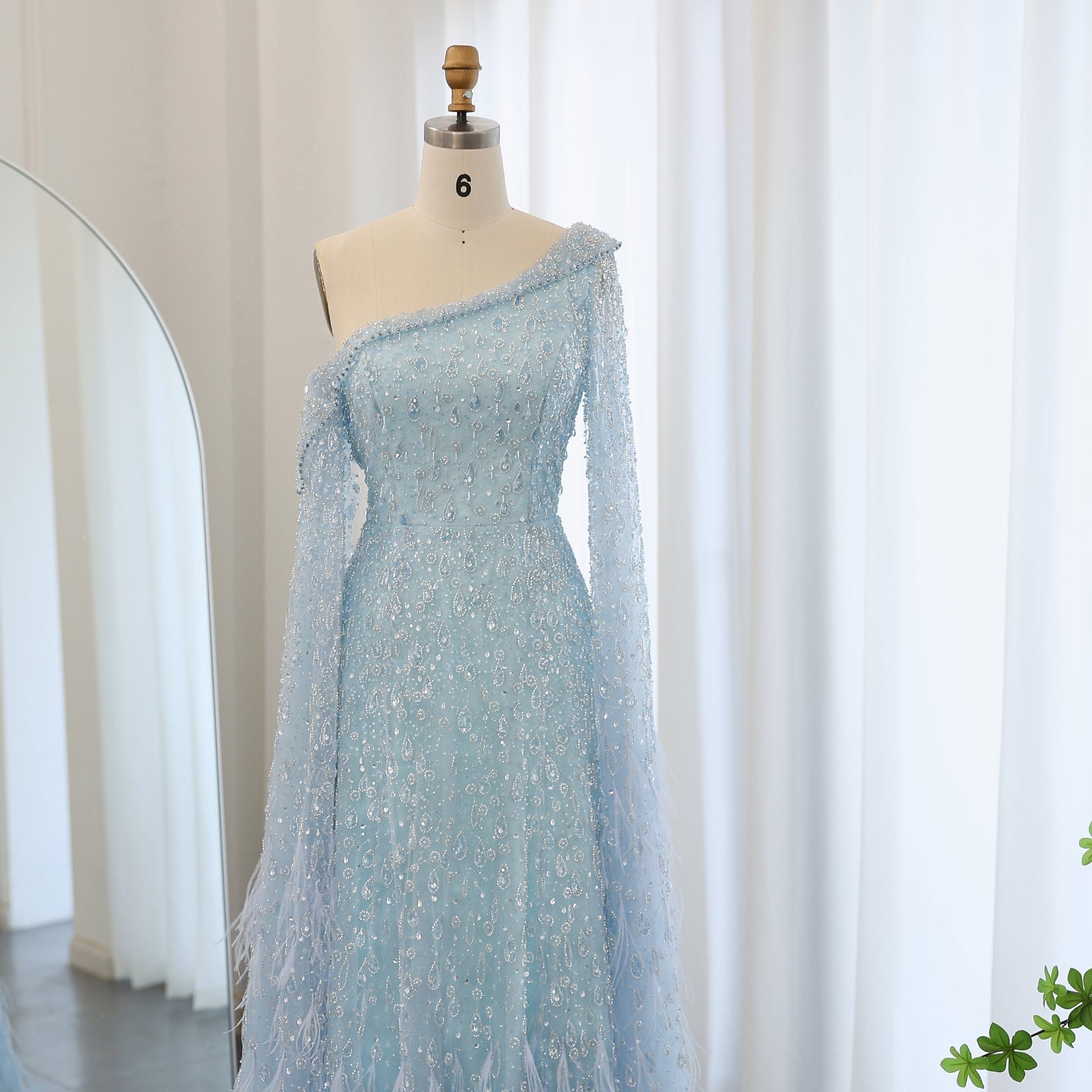 One Shoulder Light Blue Beaded Feather Evening Dress for Women SS438 Sheer Fairy