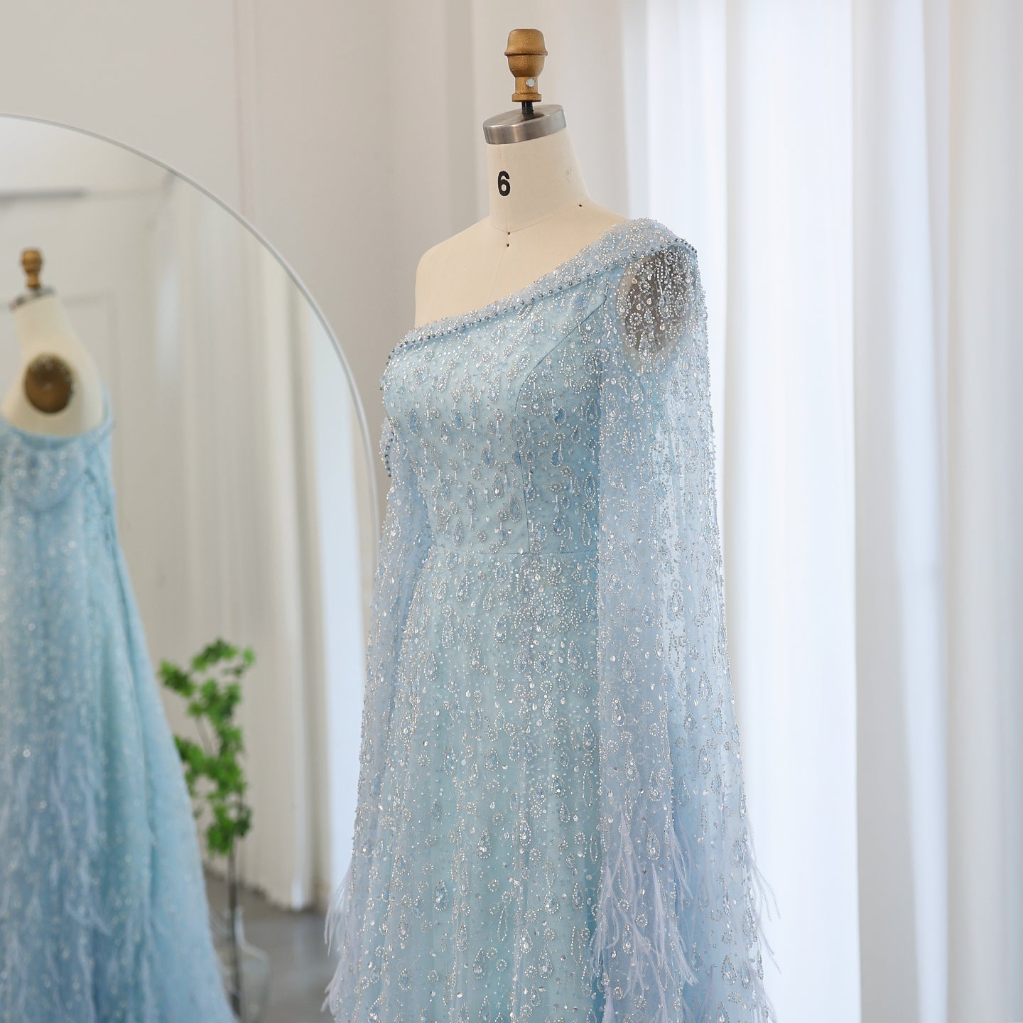 One Shoulder Light Blue Beaded Feather Evening Dress for Women SS438 Sheer Fairy