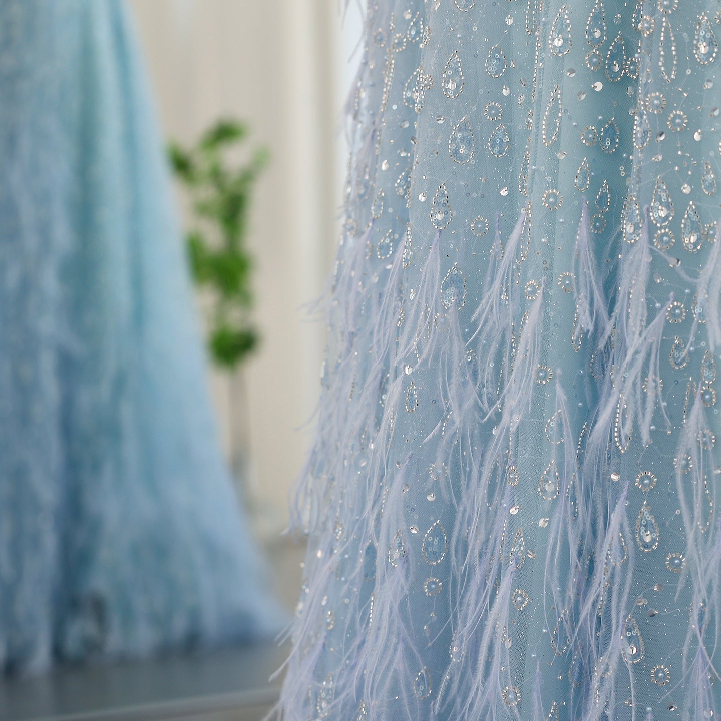 One Shoulder Light Blue Beaded Feather Evening Dress for Women SS438 Sheer Fairy