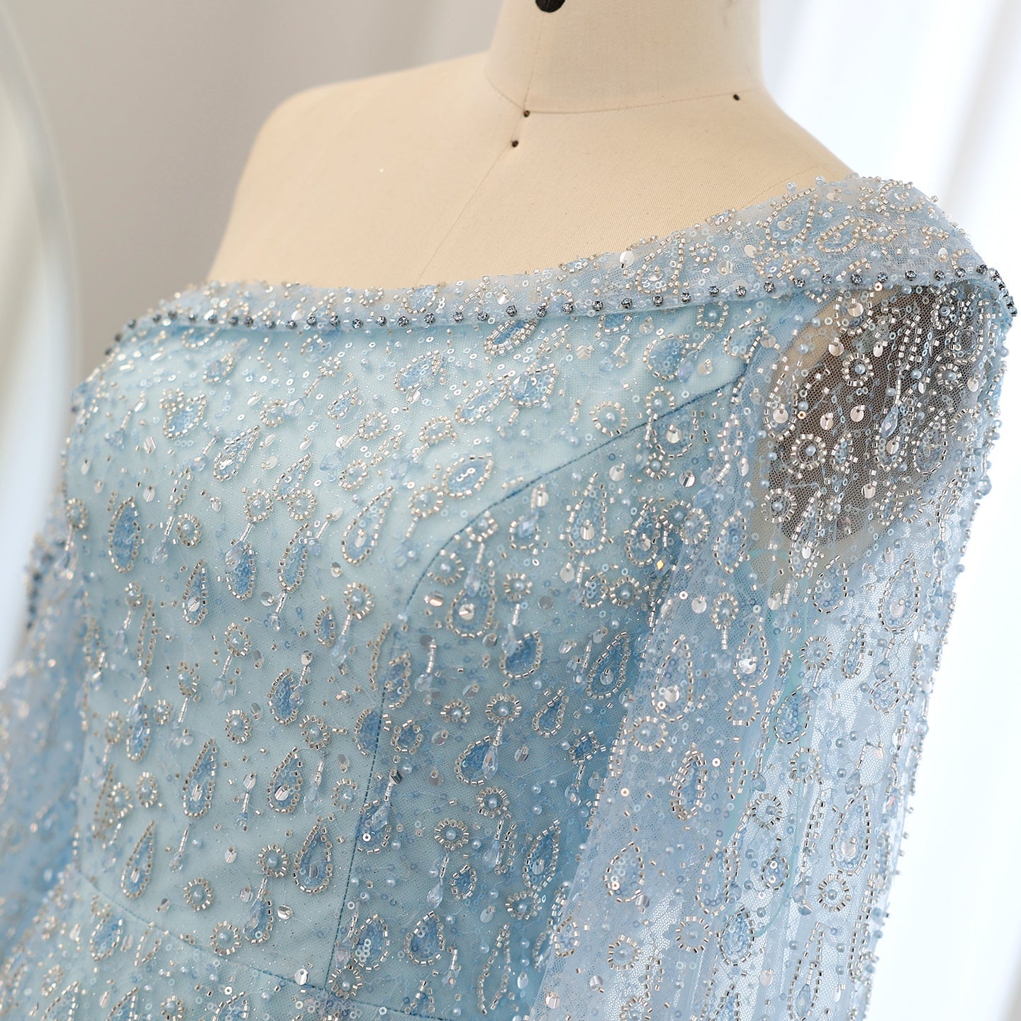 One Shoulder Light Blue Beaded Feather Evening Dress for Women SS438 Sheer Fairy