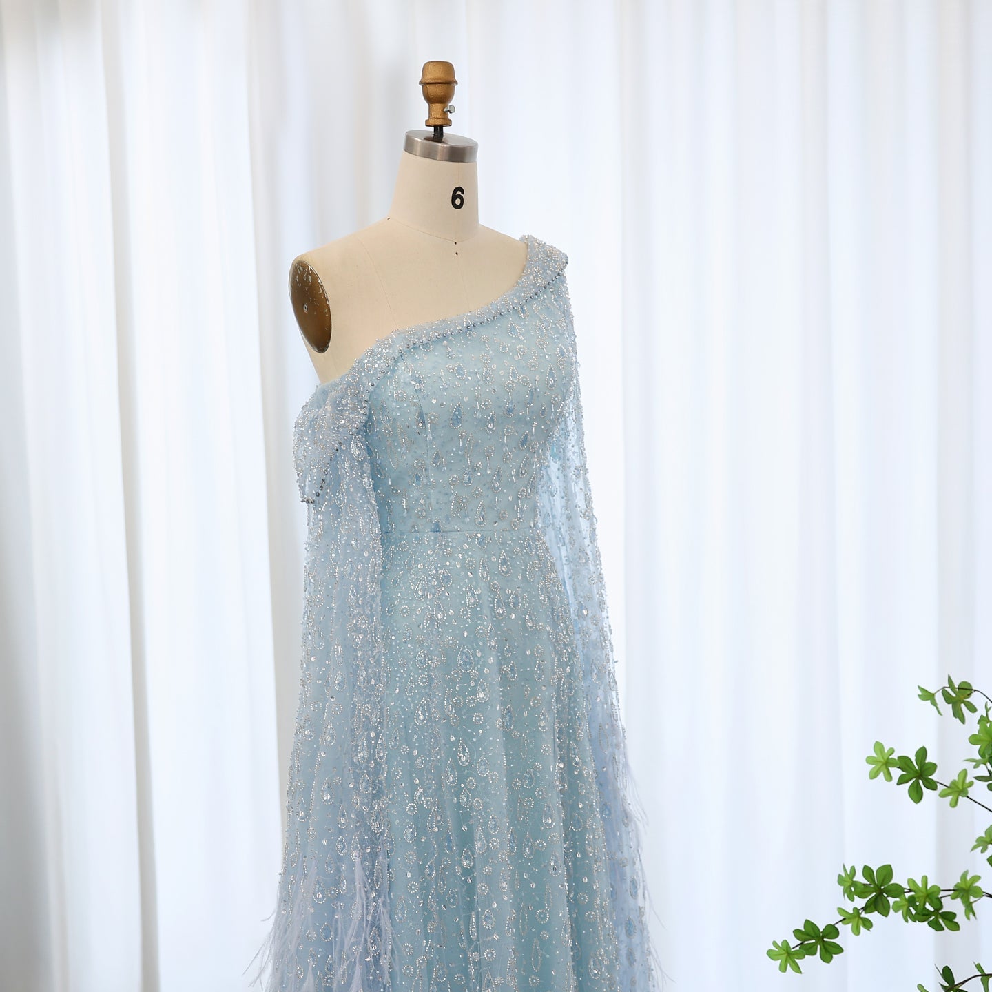 One Shoulder Light Blue Beaded Feather Evening Dress for Women SS438 Sheer Fairy