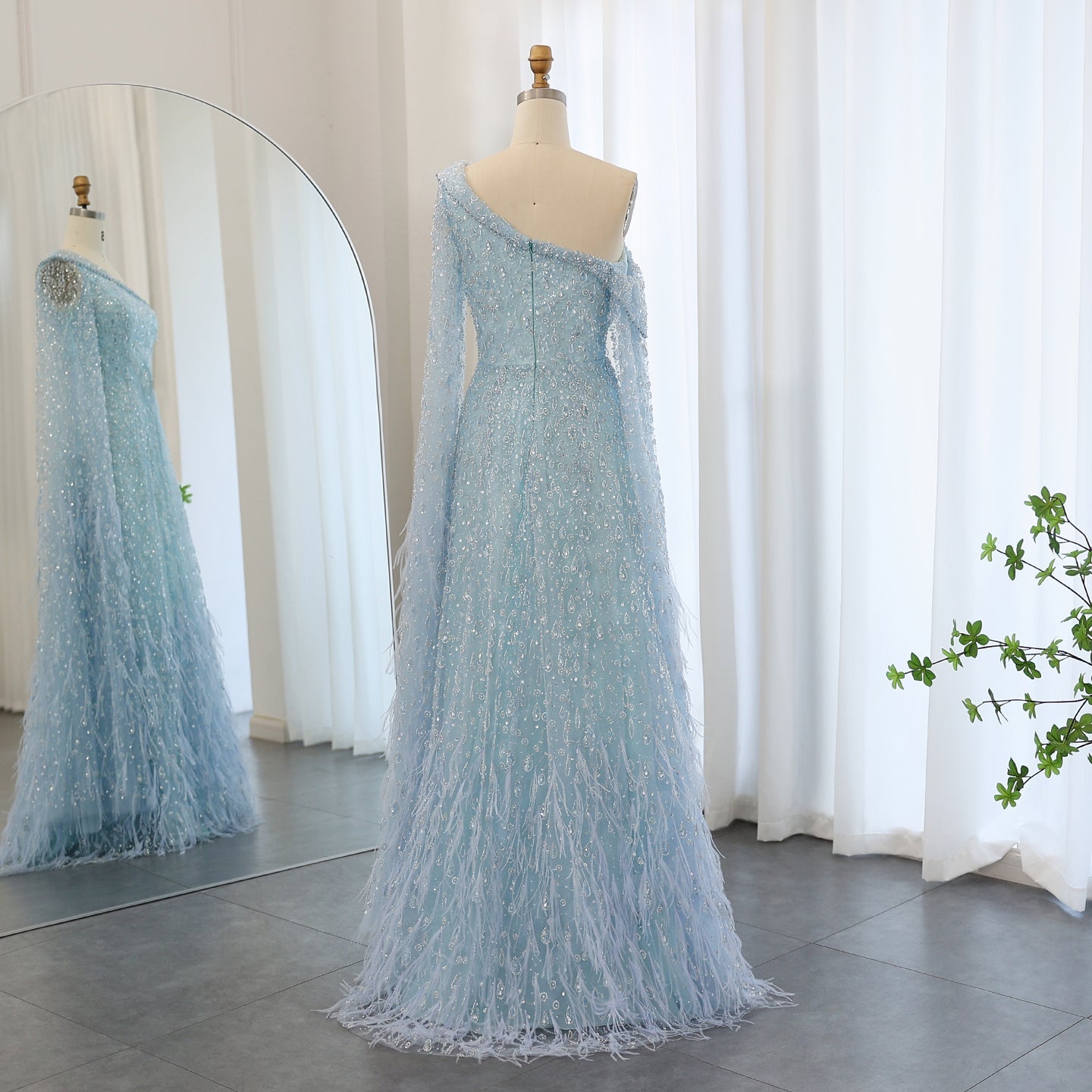 One Shoulder Light Blue Beaded Feather Evening Dress for Women SS438 Sheer Fairy