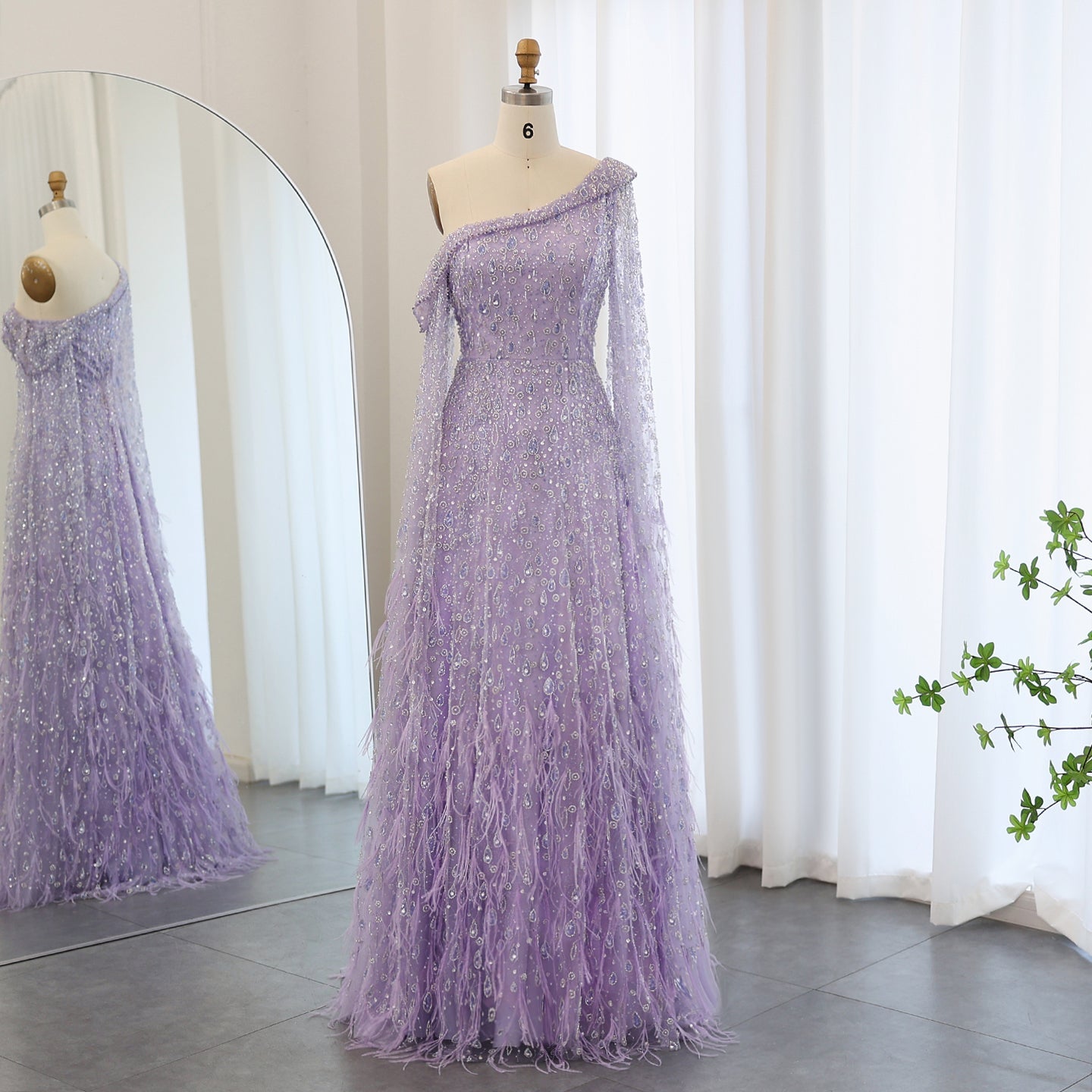One Shoulder Light Blue Beaded Feather Evening Dress for Women SS438 Sheer Fairy