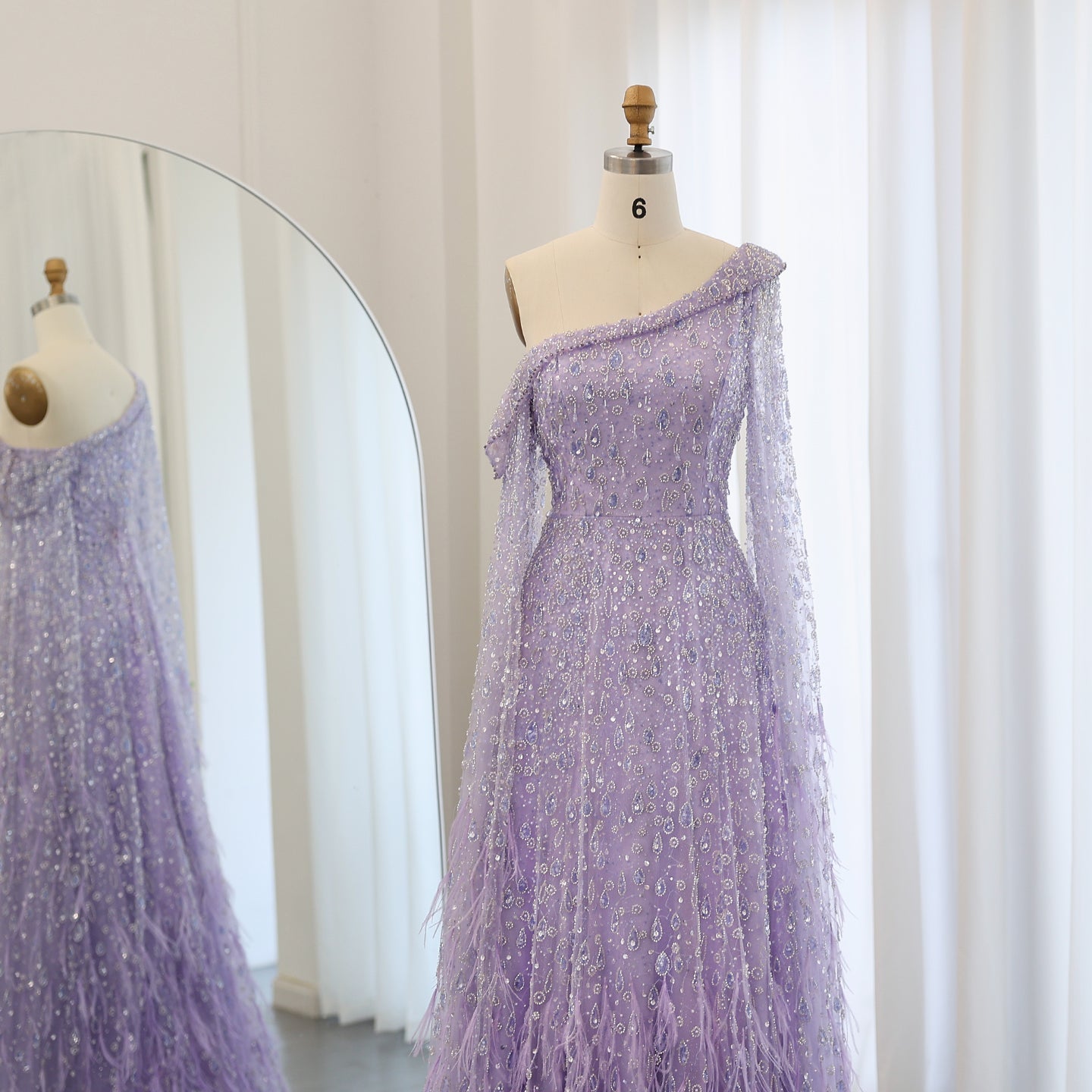 One Shoulder Light Blue Beaded Feather Evening Dress for Women SS438 Sheer Fairy
