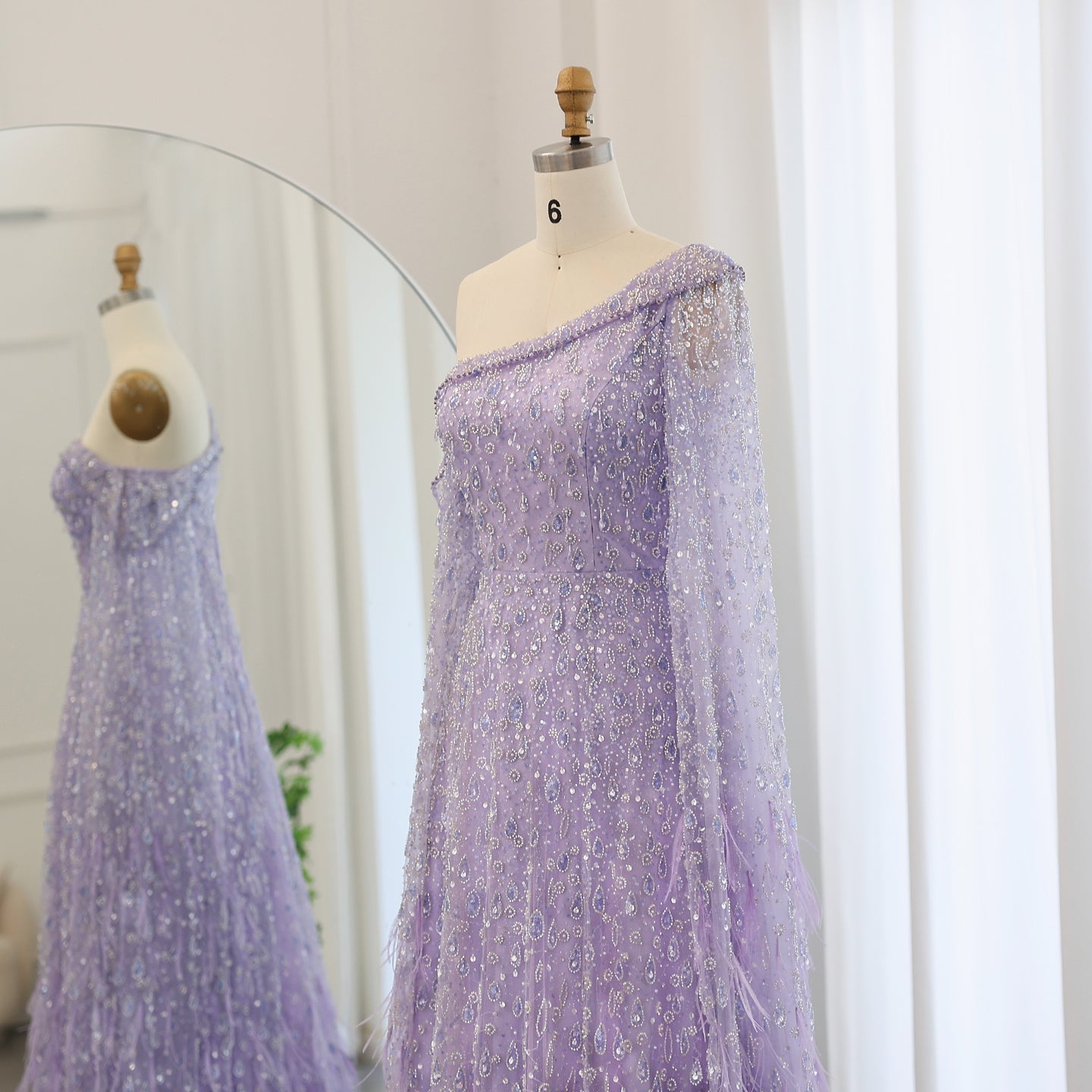 One Shoulder Light Blue Beaded Feather Evening Dress for Women SS438 Sheer Fairy