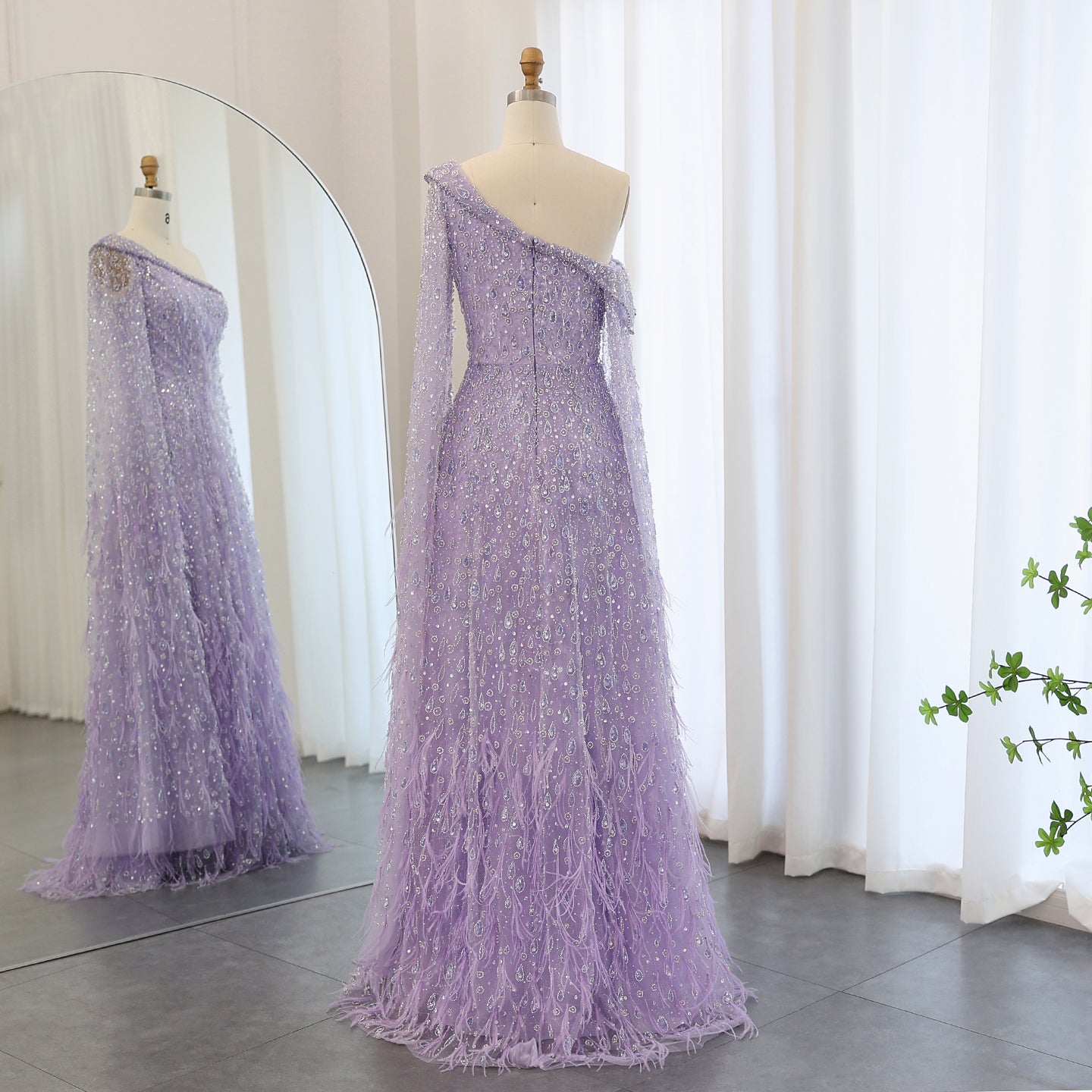 One Shoulder Light Blue Beaded Feather Evening Dress for Women SS438 Sheer Fairy
