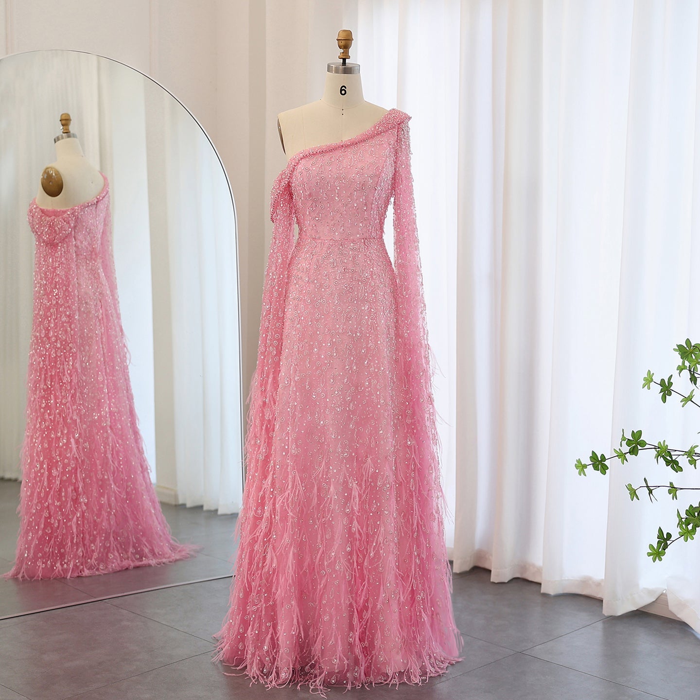 One Shoulder Light Blue Beaded Feather Evening Dress for Women SS438 Sheer Fairy