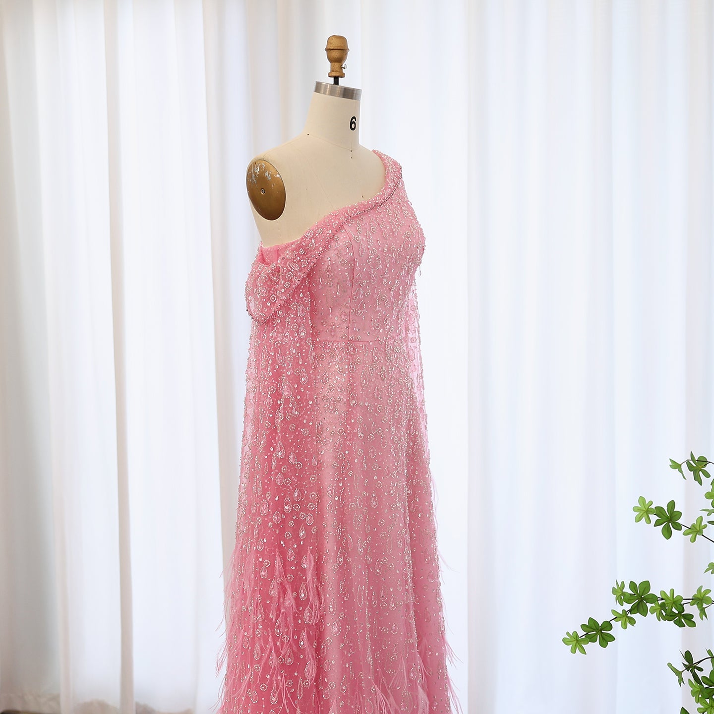 One Shoulder Light Blue Beaded Feather Evening Dress for Women SS438 Sheer Fairy