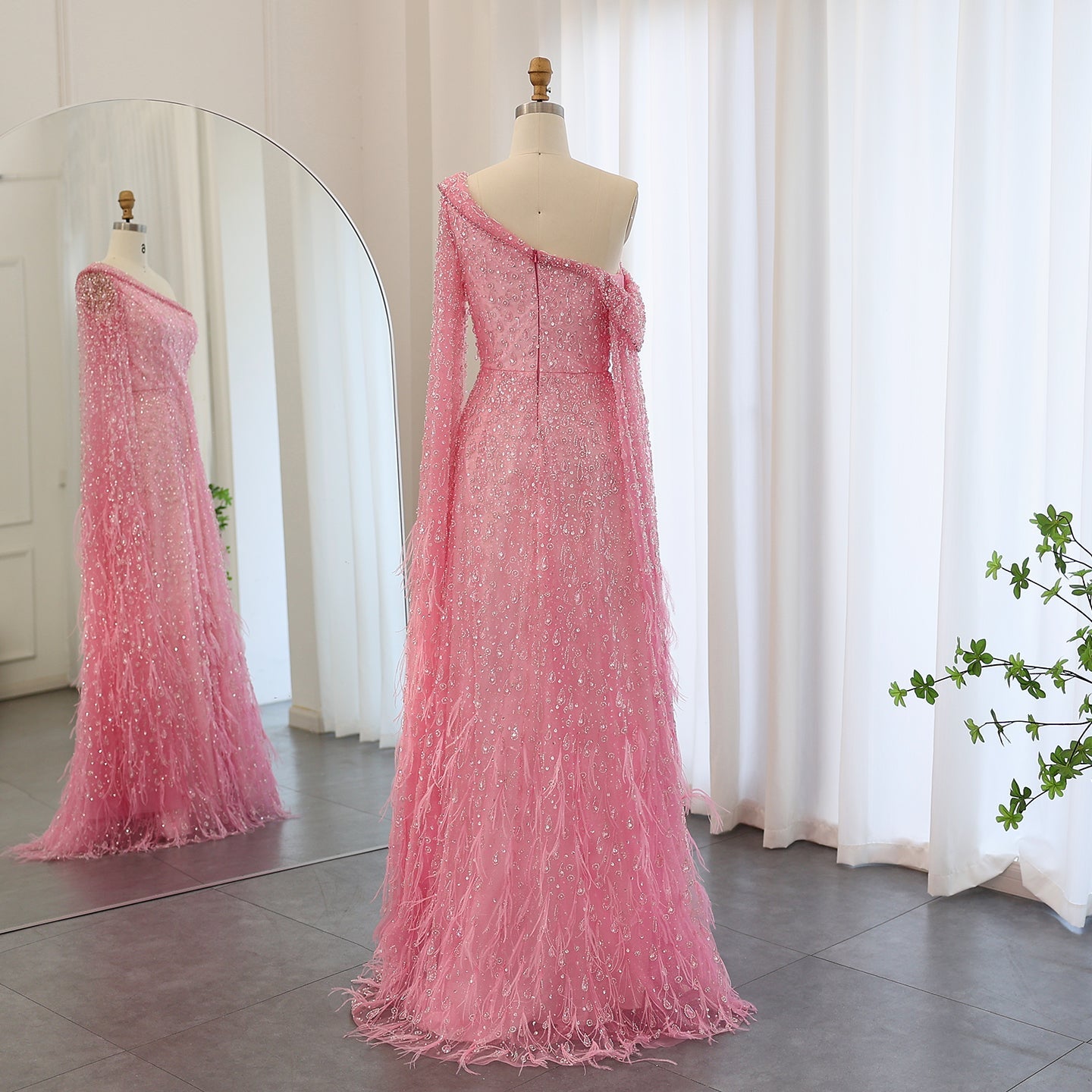 One Shoulder Light Blue Beaded Feather Evening Dress for Women SS438 Sheer Fairy