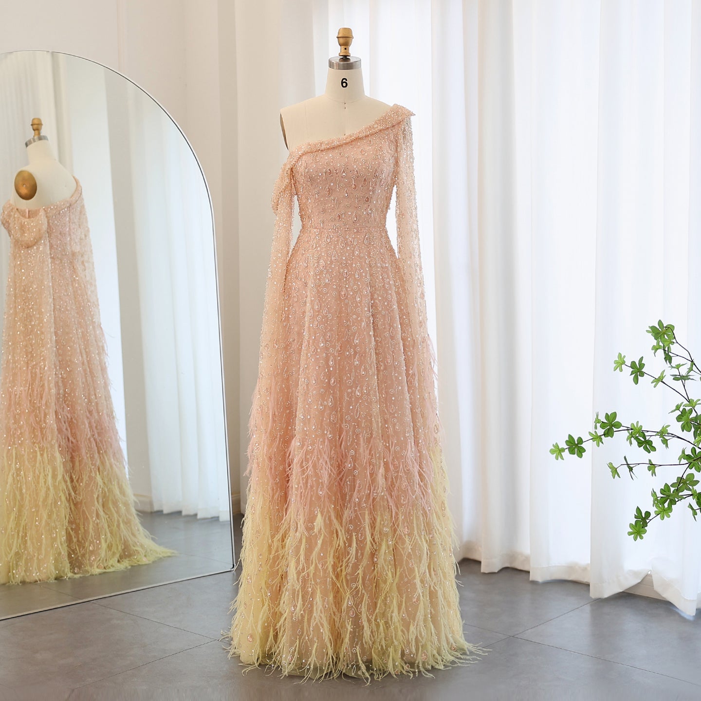 One Shoulder Light Blue Beaded Feather Evening Dress for Women SS438 Sheer Fairy