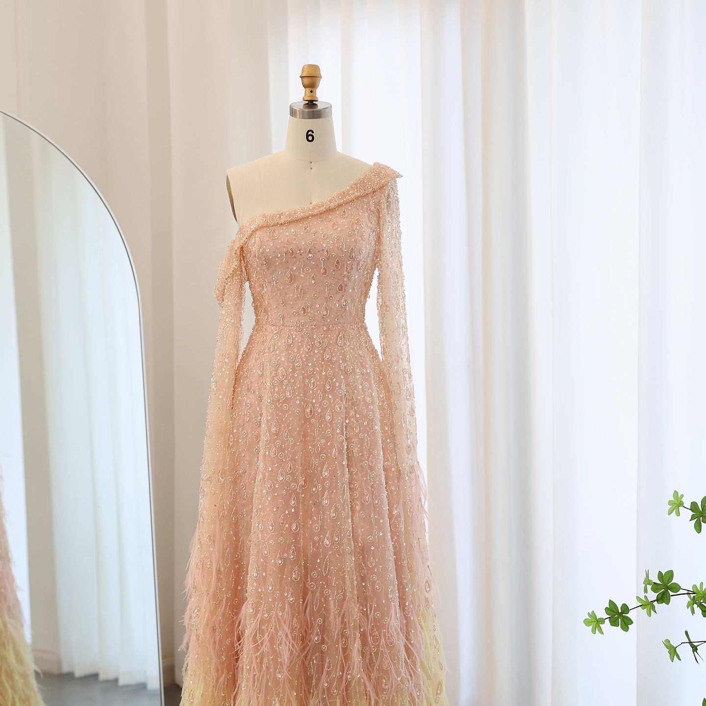 One Shoulder Light Blue Beaded Feather Evening Dress for Women SS438 Sheer Fairy