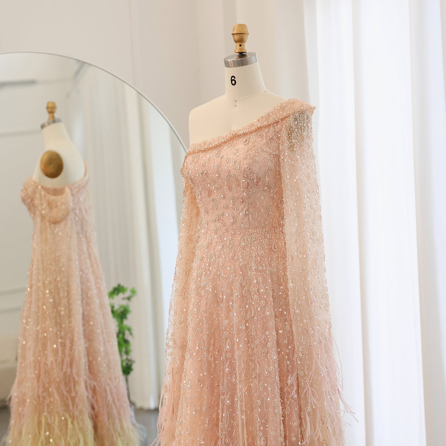 One Shoulder Light Blue Beaded Feather Evening Dress for Women SS438 Sheer Fairy
