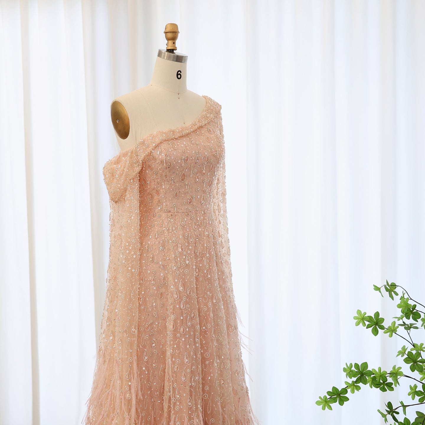 One Shoulder Light Blue Beaded Feather Evening Dress for Women SS438 Sheer Fairy