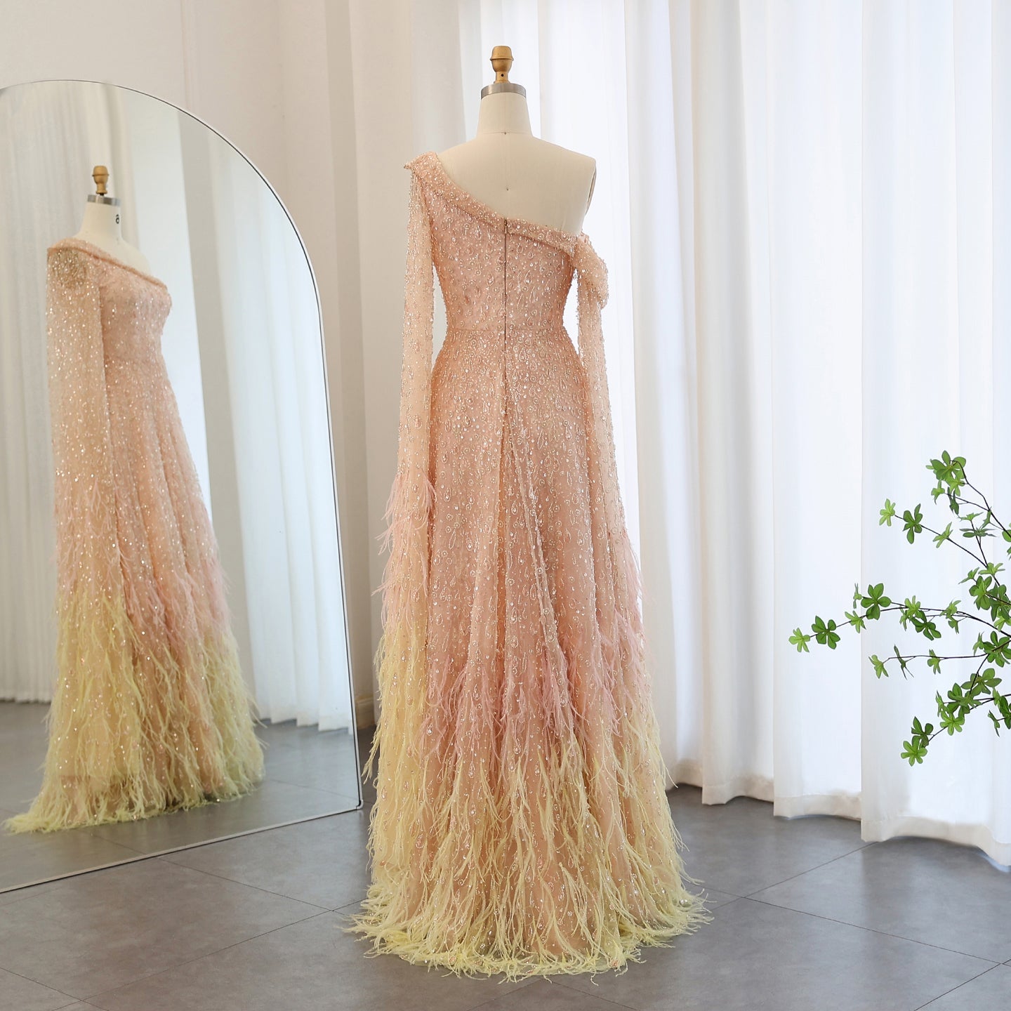 One Shoulder Light Blue Beaded Feather Evening Dress for Women SS438 Sheer Fairy