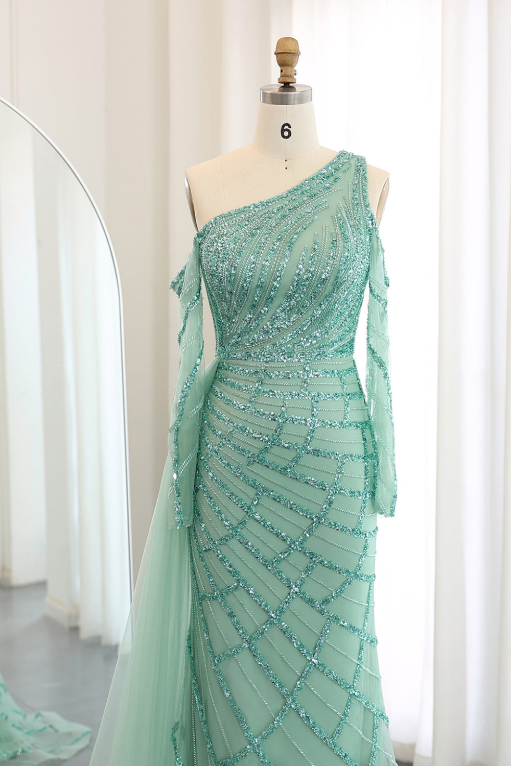Emerald Green One Shoulder Evening Dress with Overskirt SS197 Sheer Fairy
