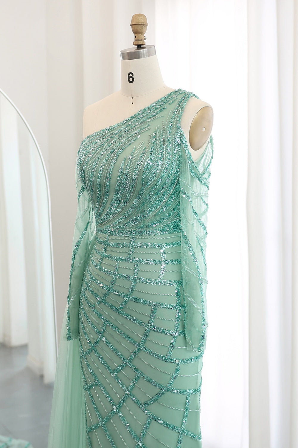 Emerald Green One Shoulder Evening Dress with Overskirt SS197 Sheer Fairy