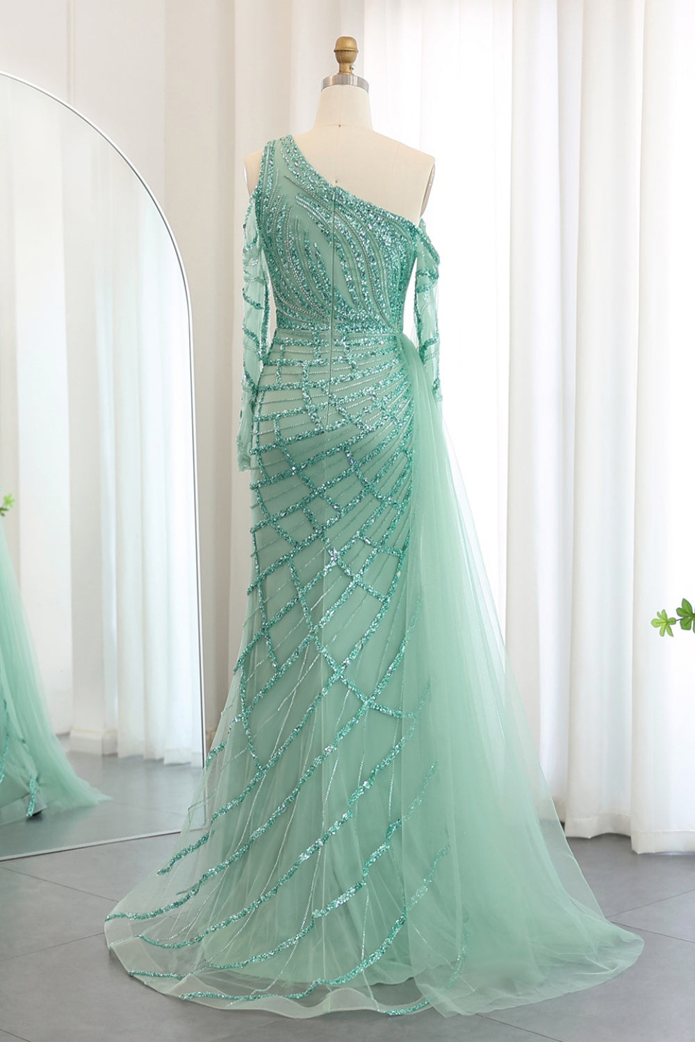Emerald Green One Shoulder Evening Dress with Overskirt SS197 Sheer Fairy