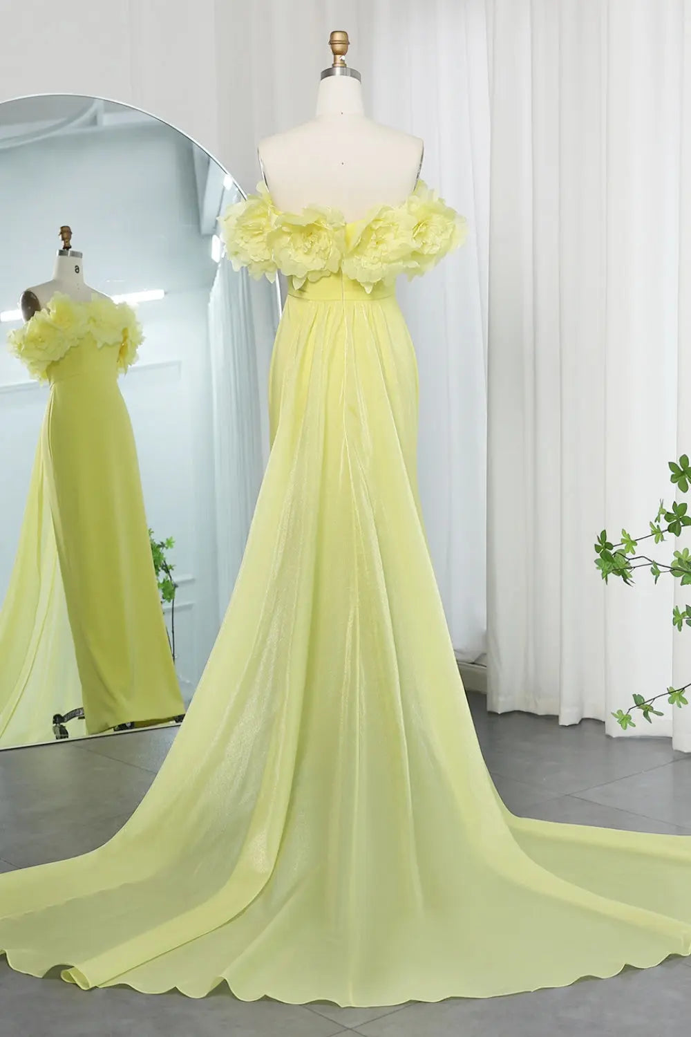 Elegant 3D Flowers Light Yellow Evening Dress with Overskirt SF013 Sheer Fairy