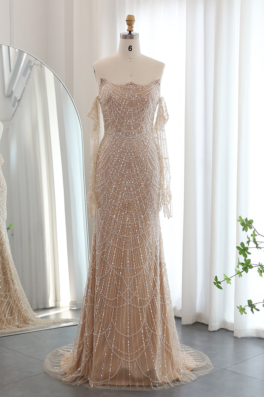 Luxury Beaded Green Mermaid Evening Dress with Gloves SS606 Sheer Fairy