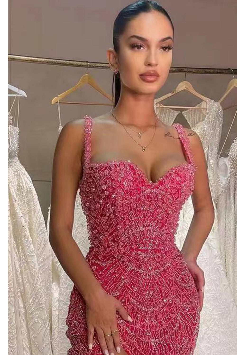 Luxury Hot Pink Feathers Mermaid Evening Dress with Slit SH579 Sheer Fairy