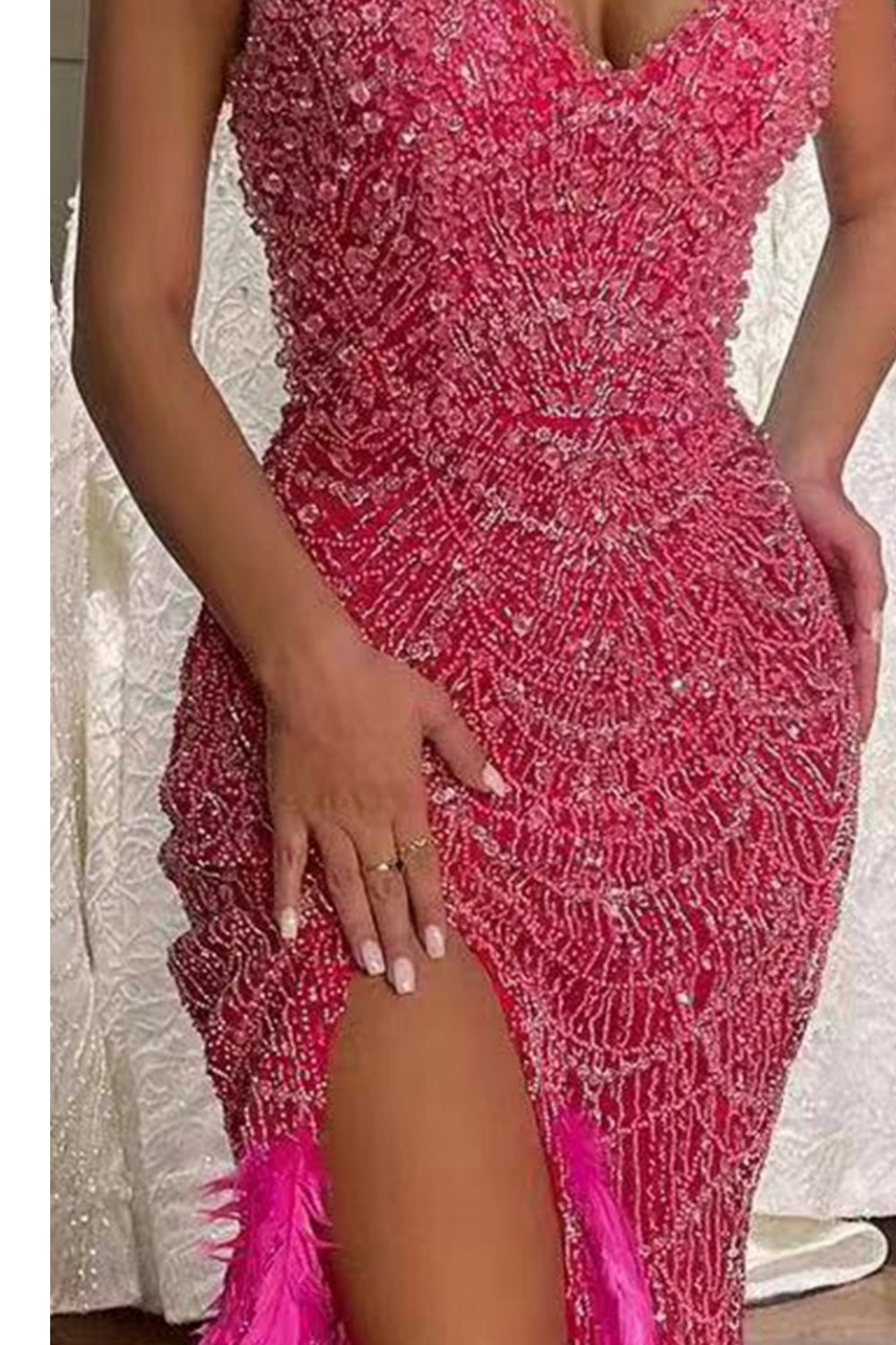 Luxury Hot Pink Feathers Mermaid Evening Dress with Slit SH579 Sheer Fairy