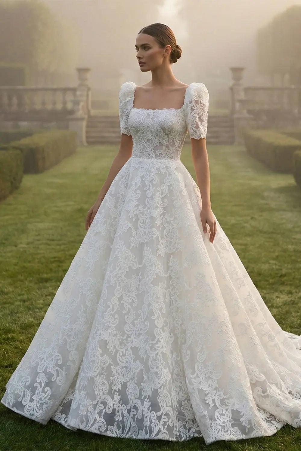 Square Neck Puff Sleeve Lace Ballgown Wedding Dress SW643 Sheer Fairy