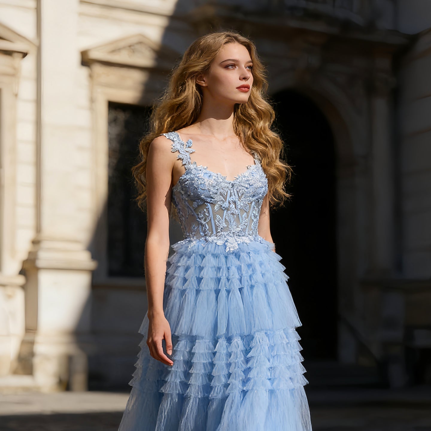 Blue Tiered Tulle Long Evening Dress SH359 Sheer Fairy
