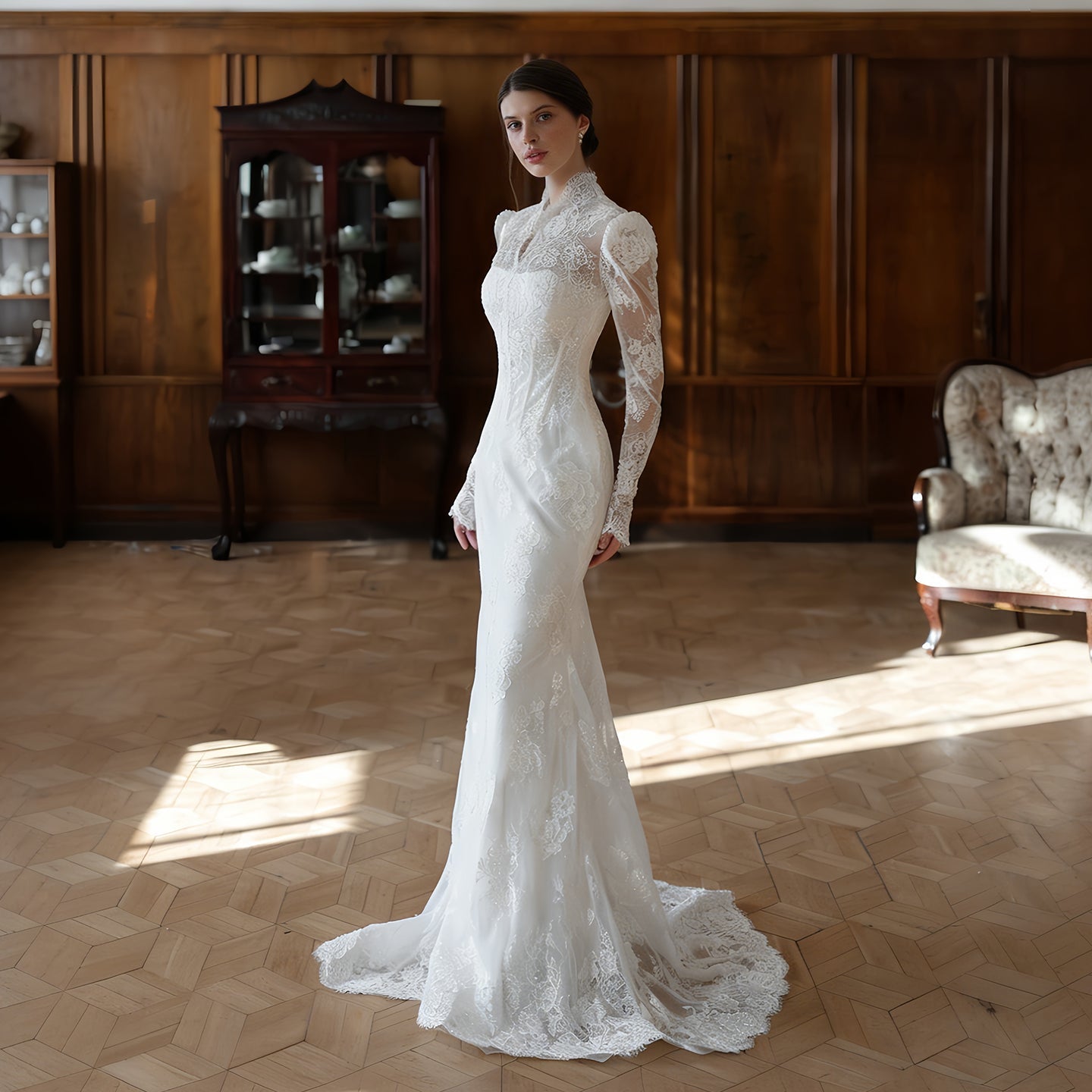 V Neck Long Sleeve Lace Vintage Wedding Dress with Detachable Train  SW279 Sheer Fairy