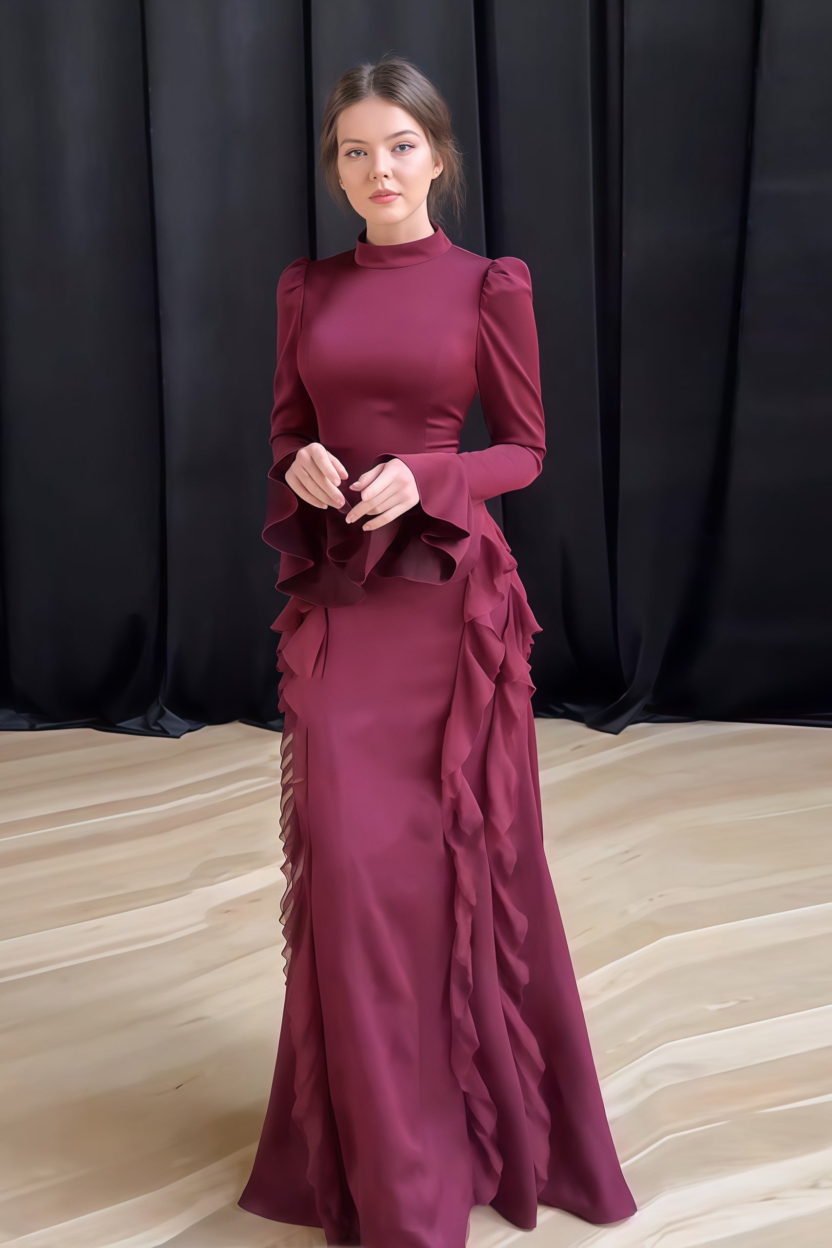 Wine Red Satin High Neck Long Sleeve Sheath Evening Dress SF054 Sheer Fairy