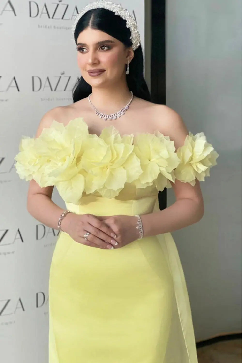 Elegant 3D Flowers Light Yellow Evening Dress with Overskirt SF013 Sheer Fairy