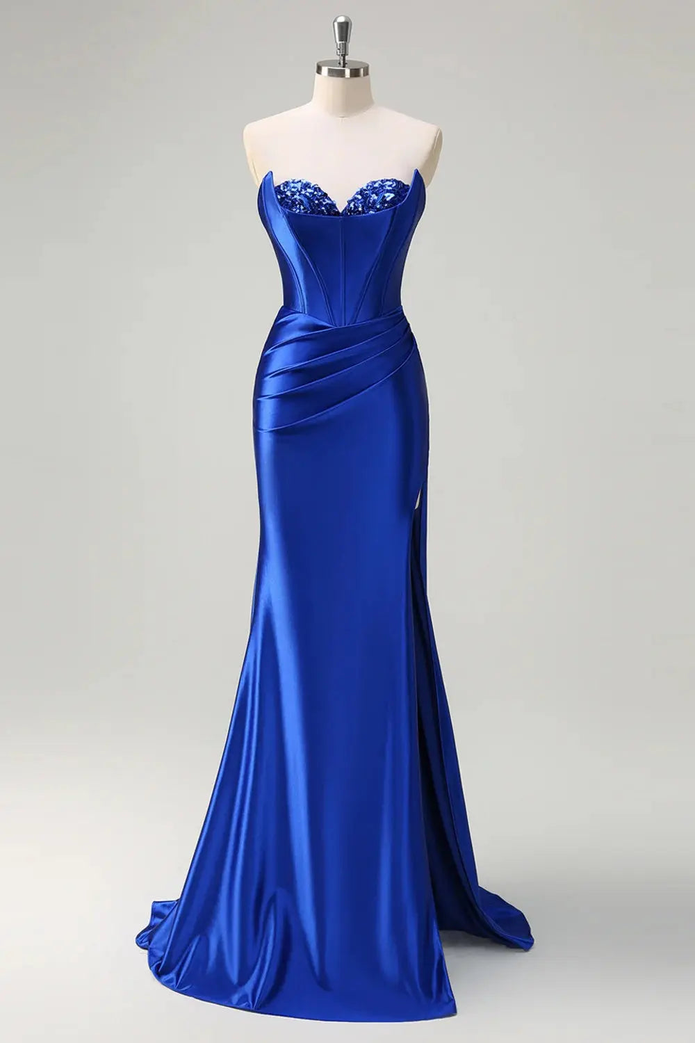 Teal Satin Sequined Sweetheart Neckline High Slit Mermaid Prom Dress SH015 Sheer Fairy
