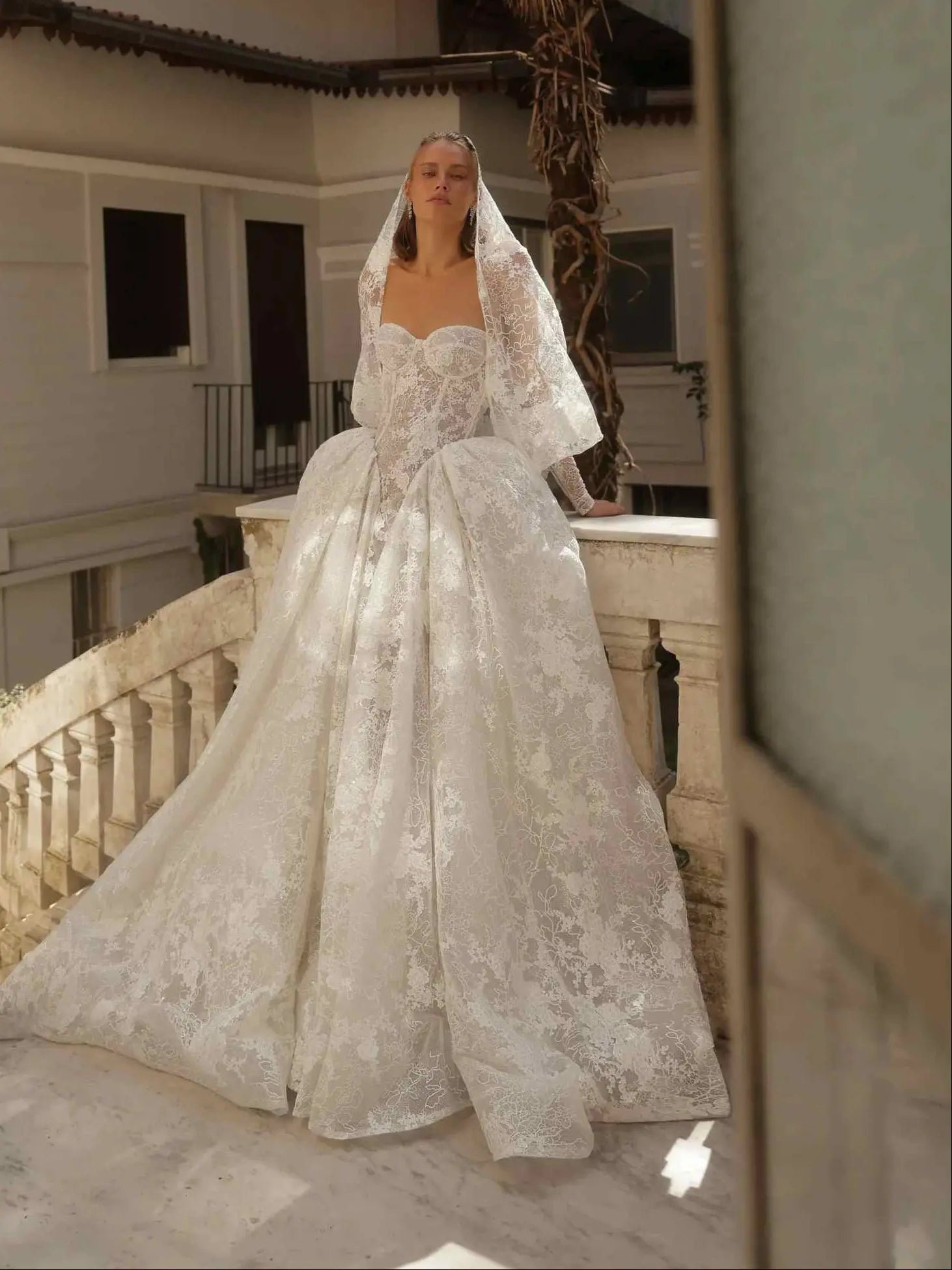 Long Puffed Sleeve Lace Ball Gown Wedding Dress SW184 Sheer Fairy