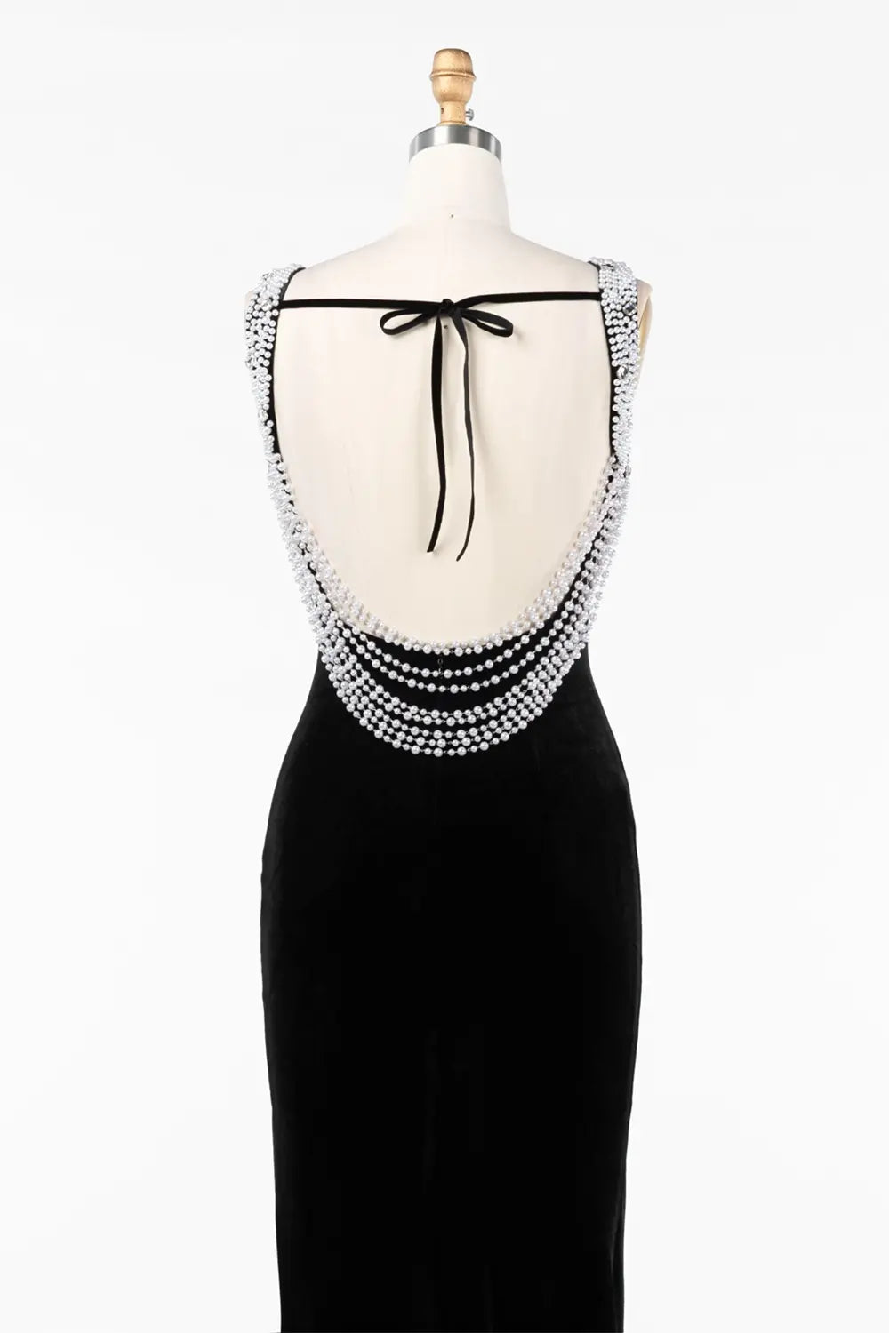 Black Velvet Beaded Neck Open Back Evening Gown ST046 Sheer Fairy