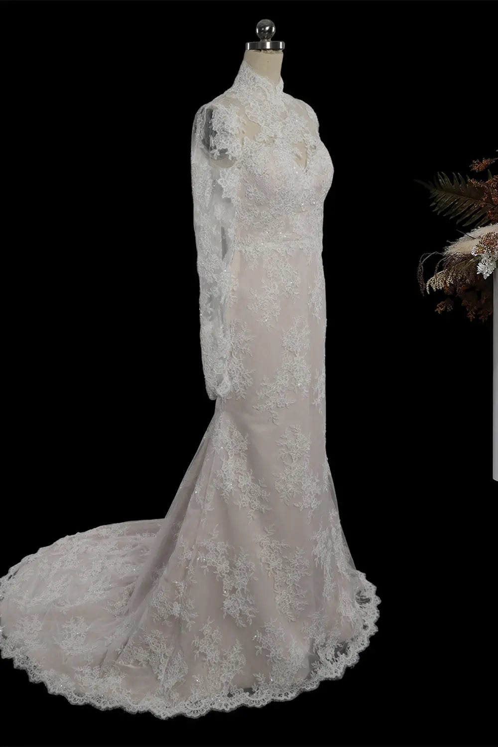 Ivory Long Sleeve High Neck Lace Wedding Dress SW759 Sheer Fairy