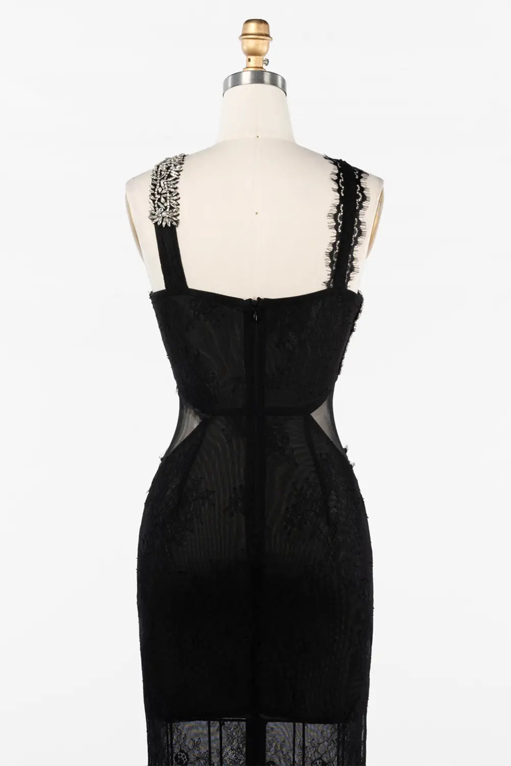 Black Asymmetrical Crystal Strap Sheer Lace Evening Gown ST045 Sheer Fairy