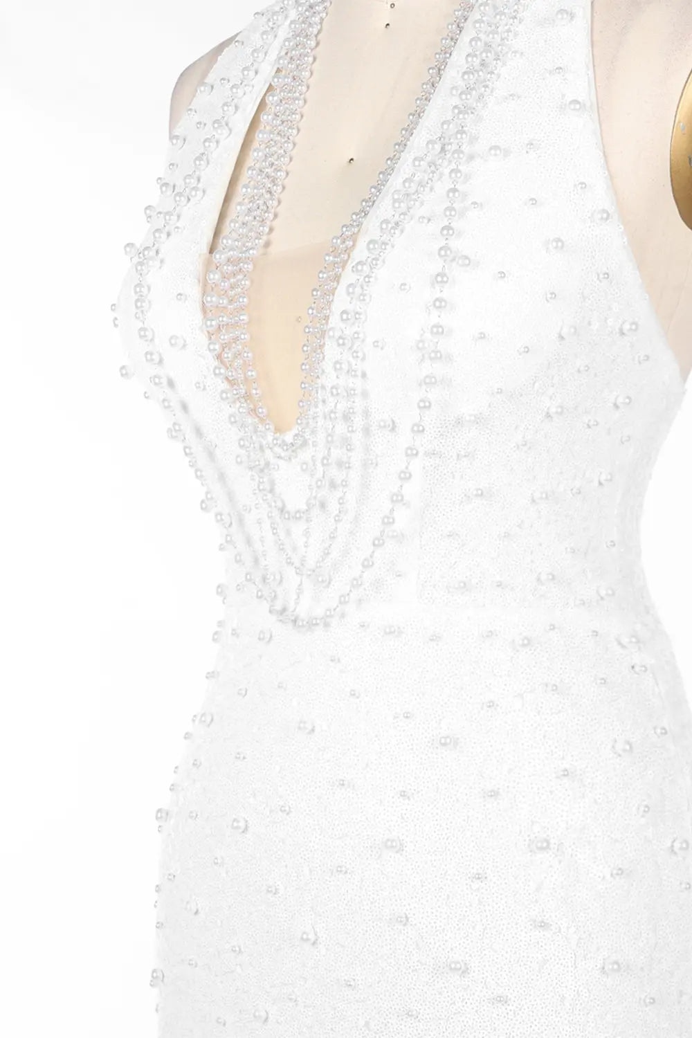 White Halter Pearl Beaded Backless Evening Dress ST091 Sheer Fairy