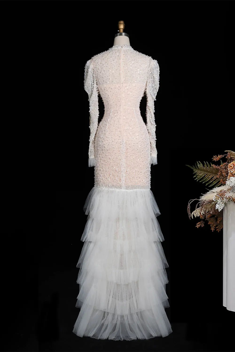 White Pearl Beaded Tiered Tulle Mermaid Gown ST103 Sheer Fairy