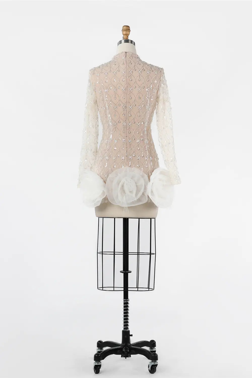 White Nude Long Sleeve Beaded 3D Floral Hem Mini Evening Dress ST037 Sheer Fairy